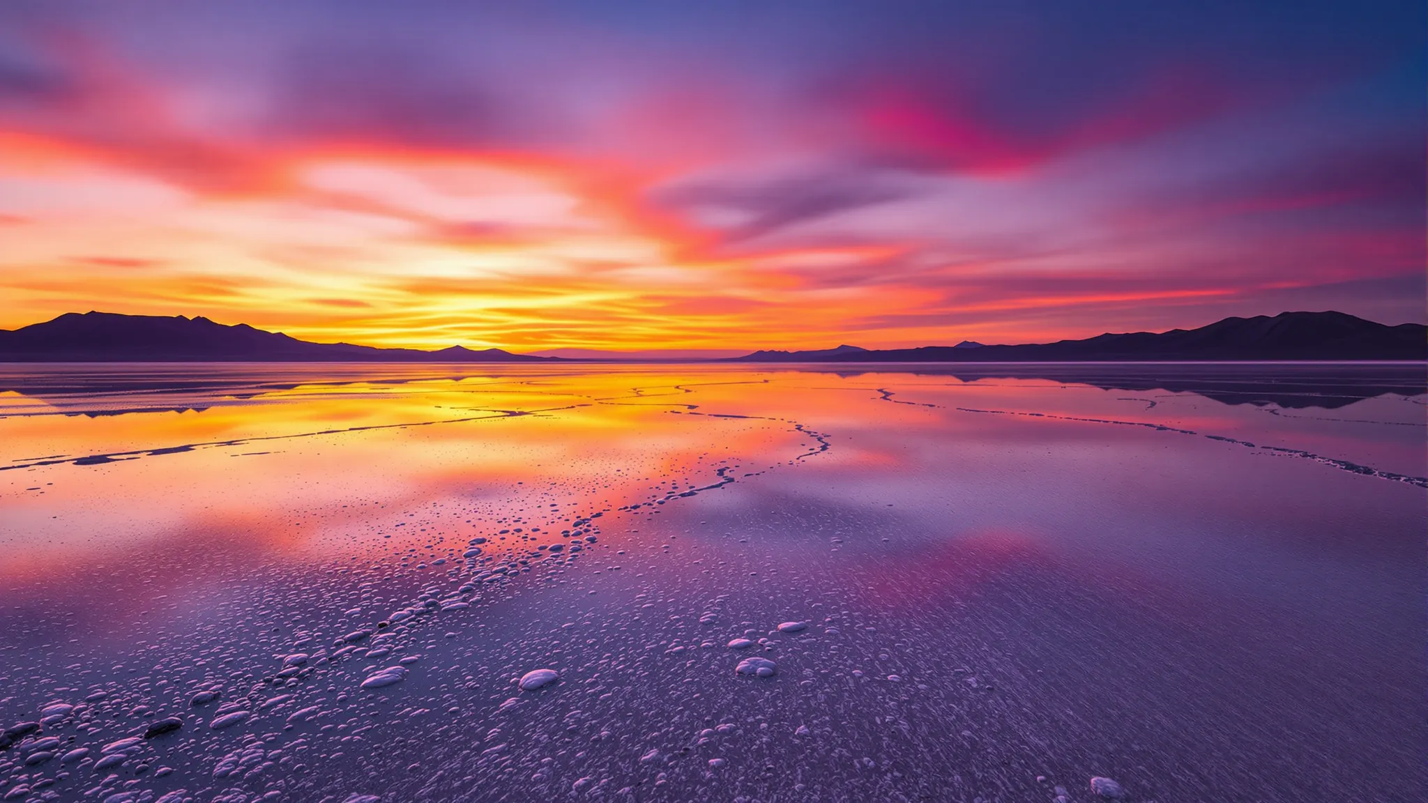 Der Salar de Uyuni in Bolivien spiegelt nach dem Regen den Abendhimmel