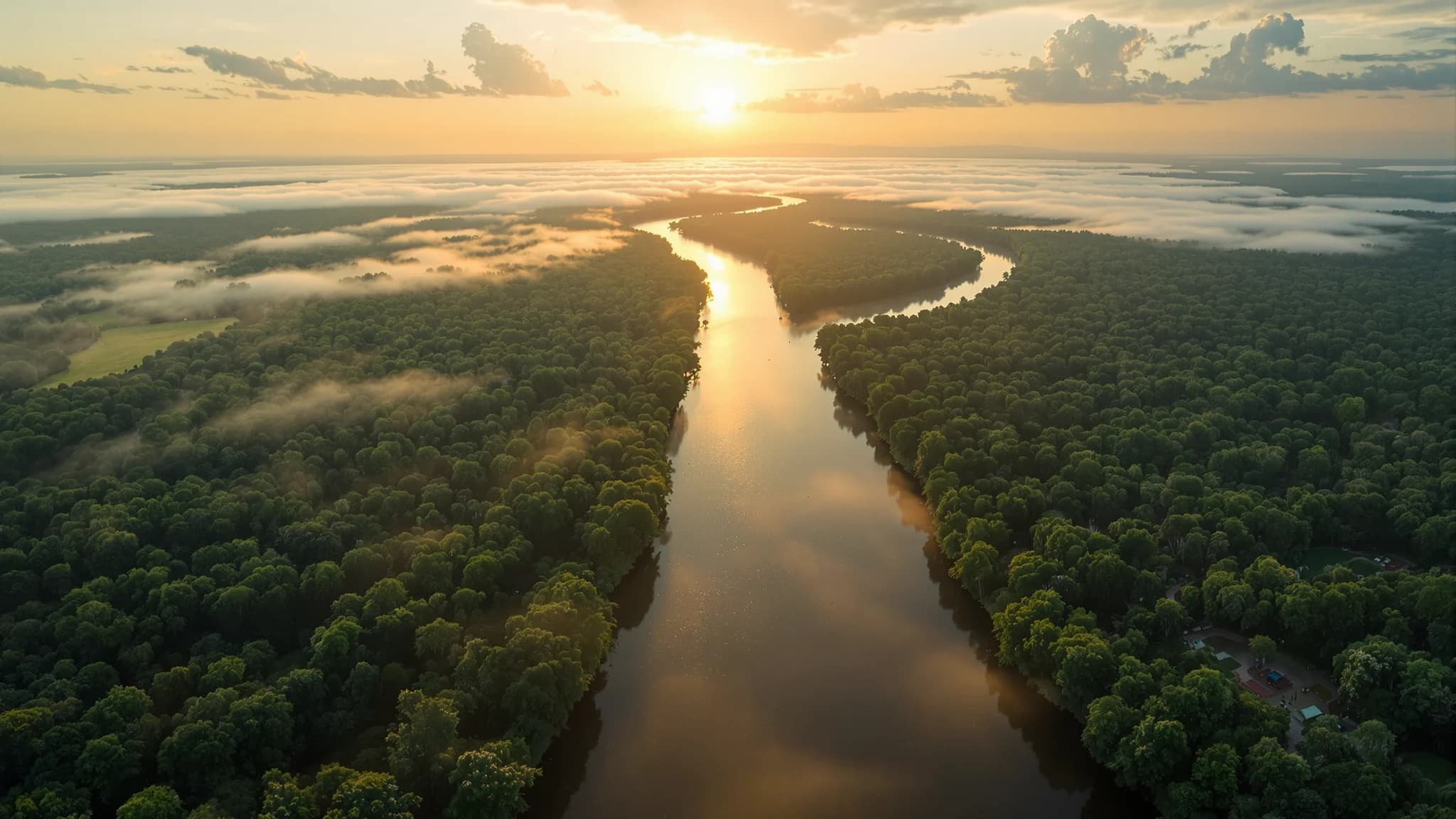 Ein breiter Amazonas-Arm windet sich im Morgenlicht durch geschlossenen Regenwald