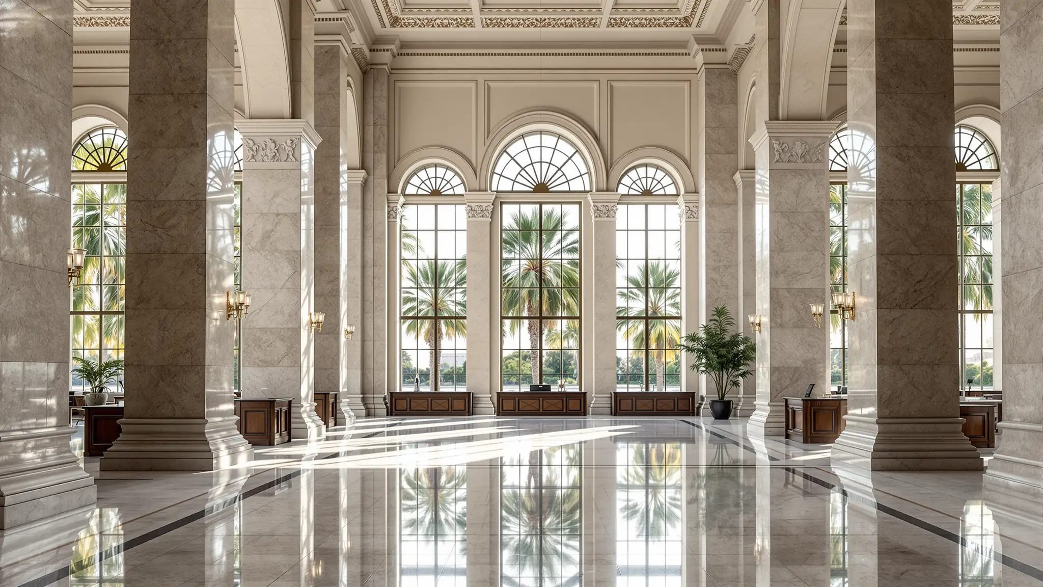 Die Marmorhalle einer historischen lateinamerikanischen Bank, durch die Rundbogenfenster fällt tropisches Licht
