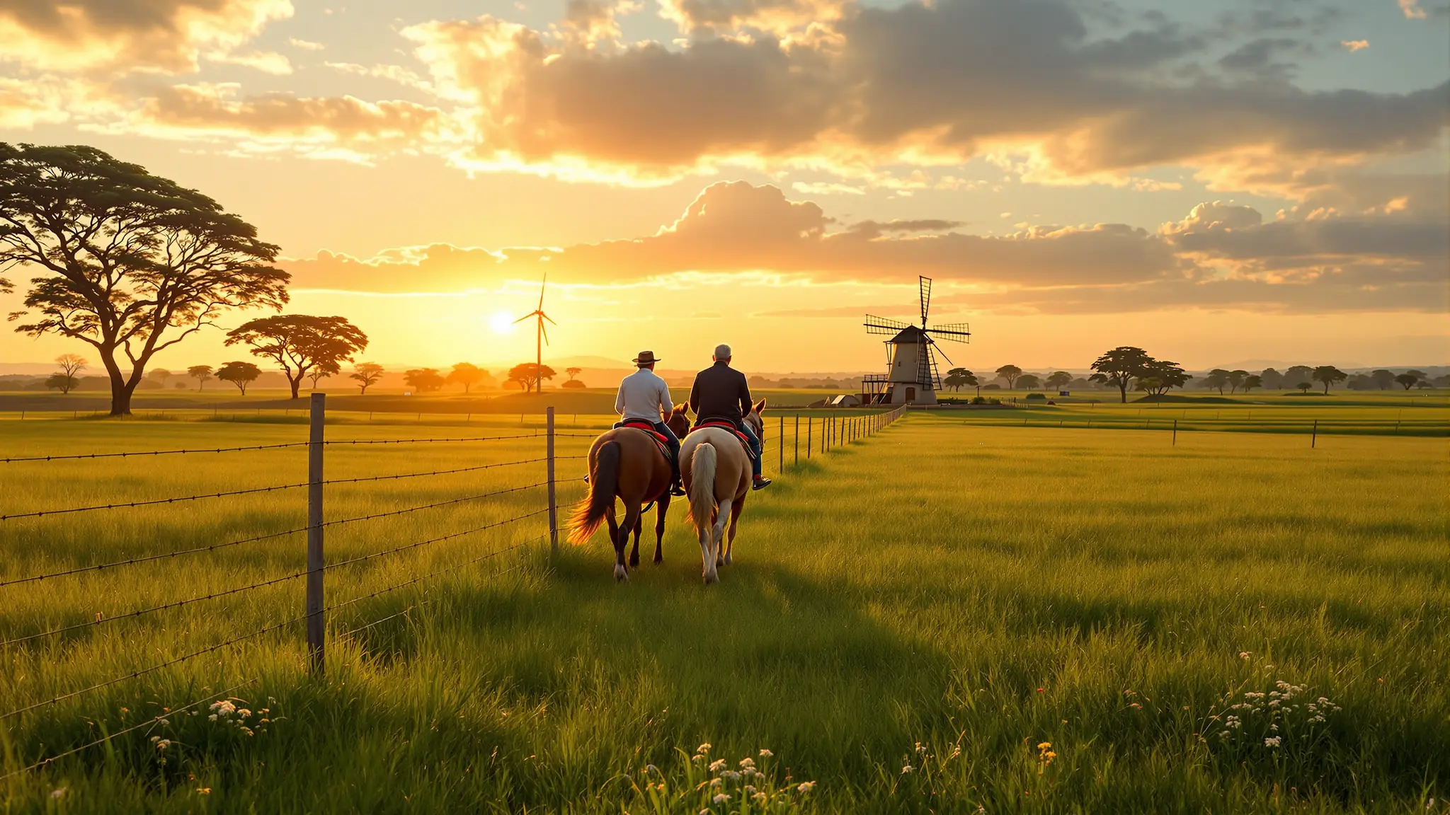 Ein älteres Paar reitet im Abendlicht durch das weite Grasland des uruguayischen Binnenlands