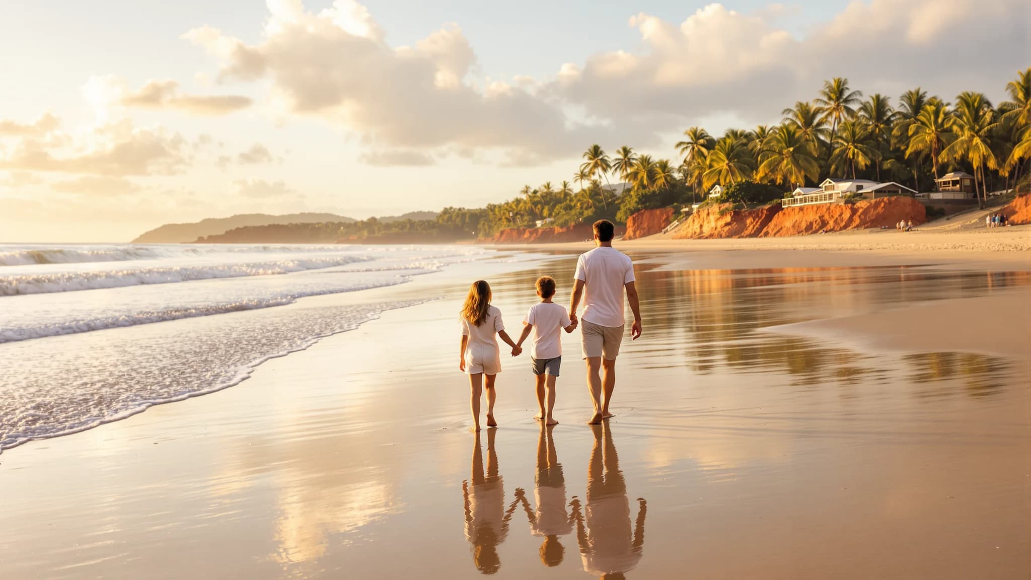 Eine vierköpfige Familie geht am späten Nachmittag über den nassen Sand eines weiten Strands in Nordostbrasilien