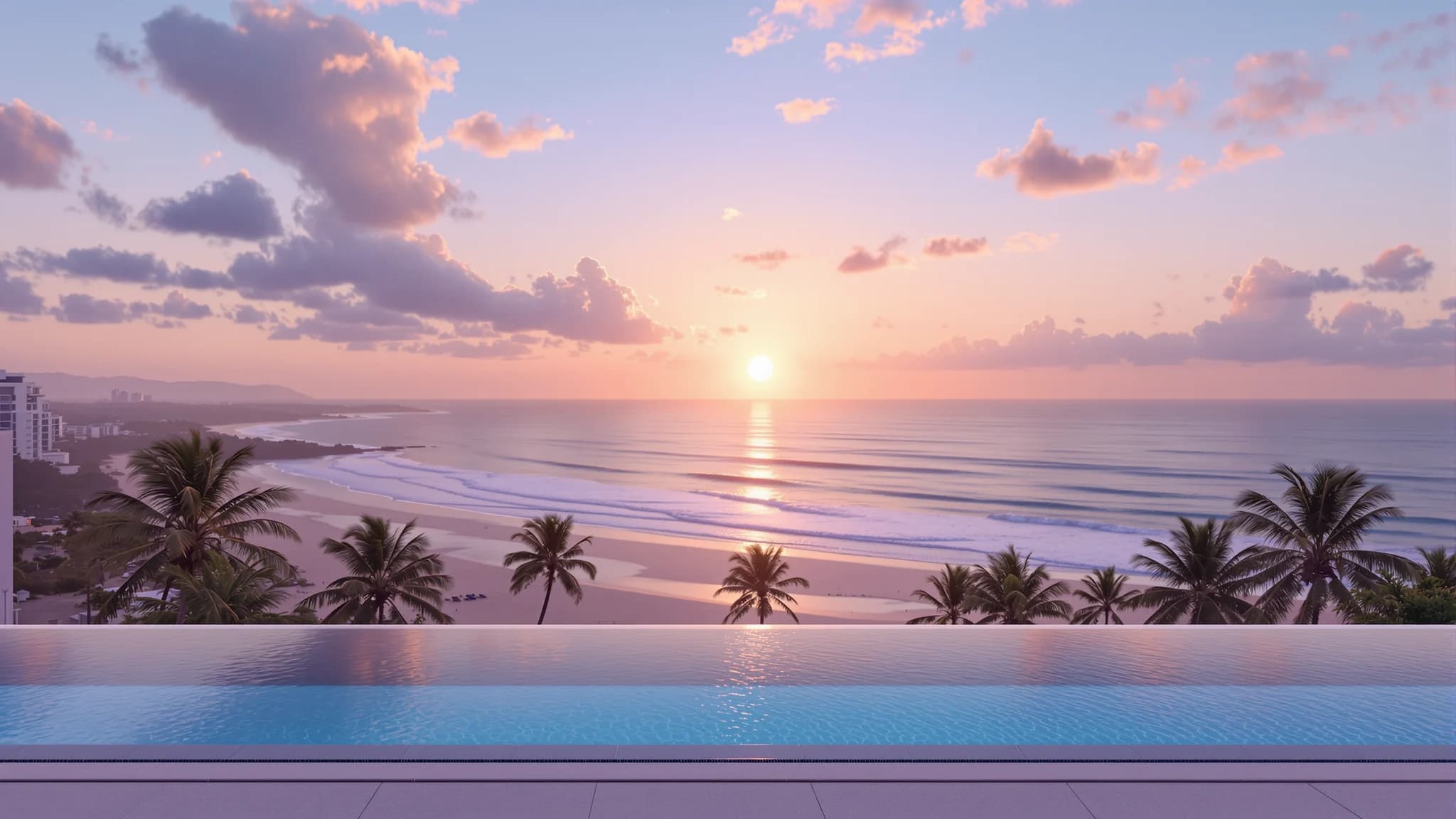 Sonnenaufgang über dem Atlantik von einem Infinity-Pool auf einem brasilianischen Strandhochhaus aus