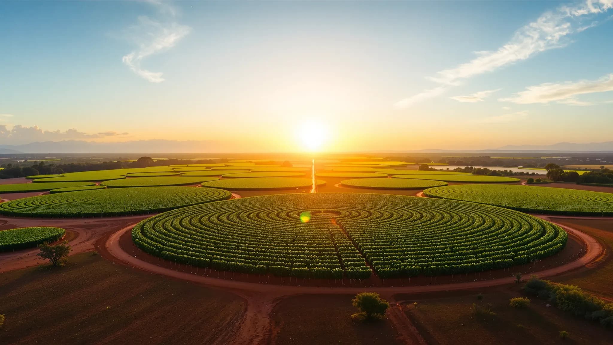 Luftbild grüner Kreisberegnungsfelder auf roter Erde in der brasilianischen Agrarlandschaft im Abendlicht