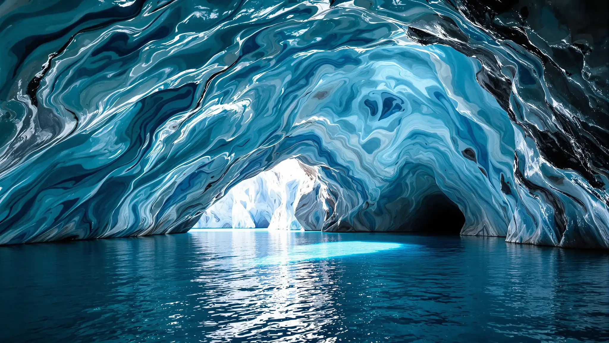 Die Marmorhöhlen Patagoniens: blau-weiß gemasertes Gestein über gletschertürkisem Wasser