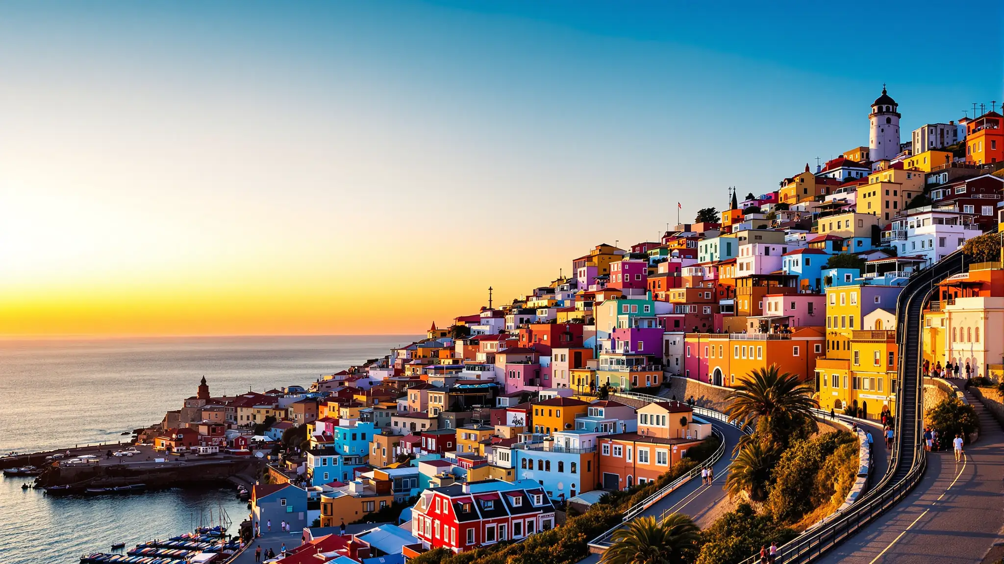 Die bunten Hanghäuser von Valparaíso über dem Pazifik im Abendlicht