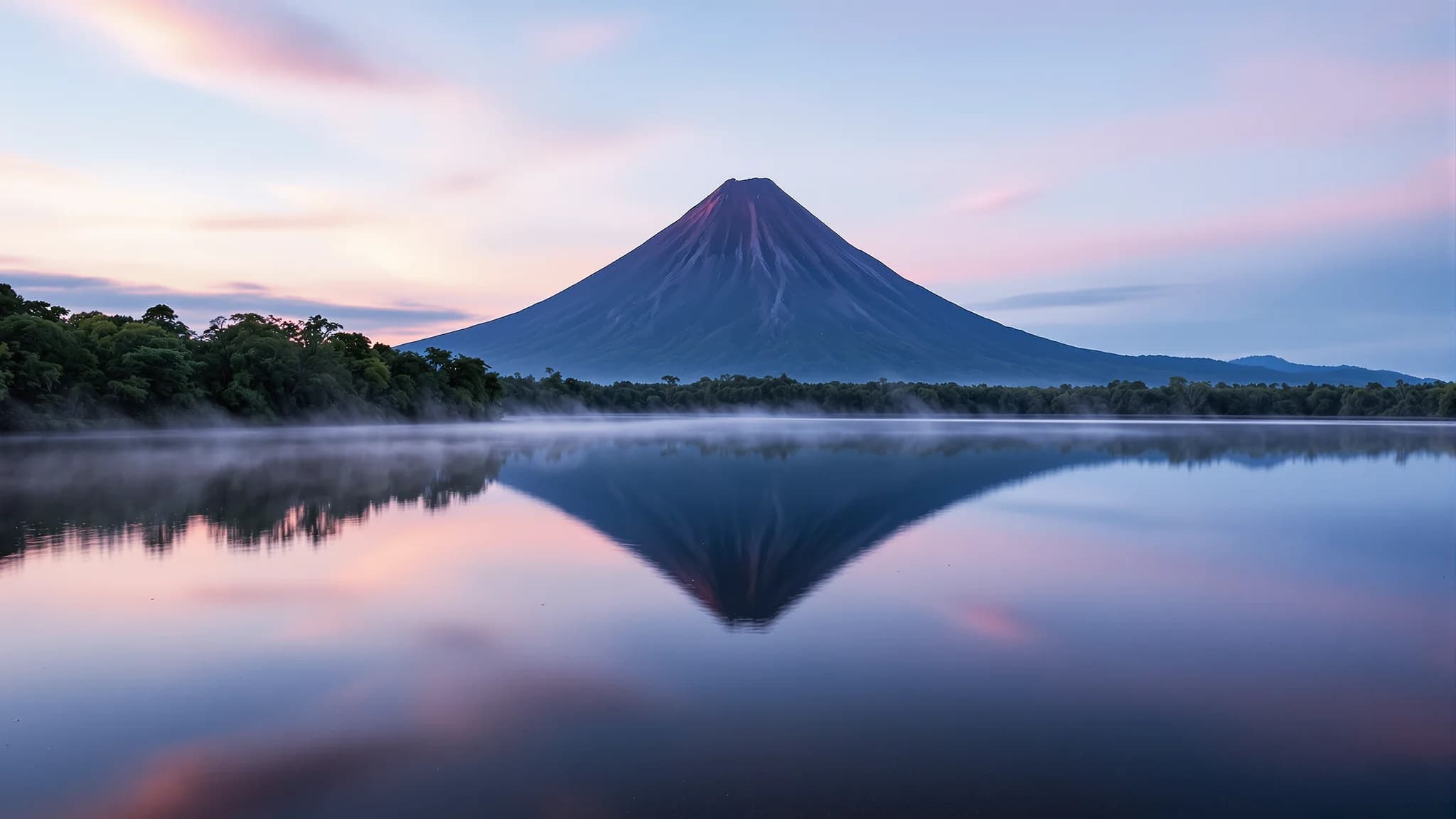 Der Vulkan Arenal spiegelt sich im Morgengrauen in einem spiegelglatten See
