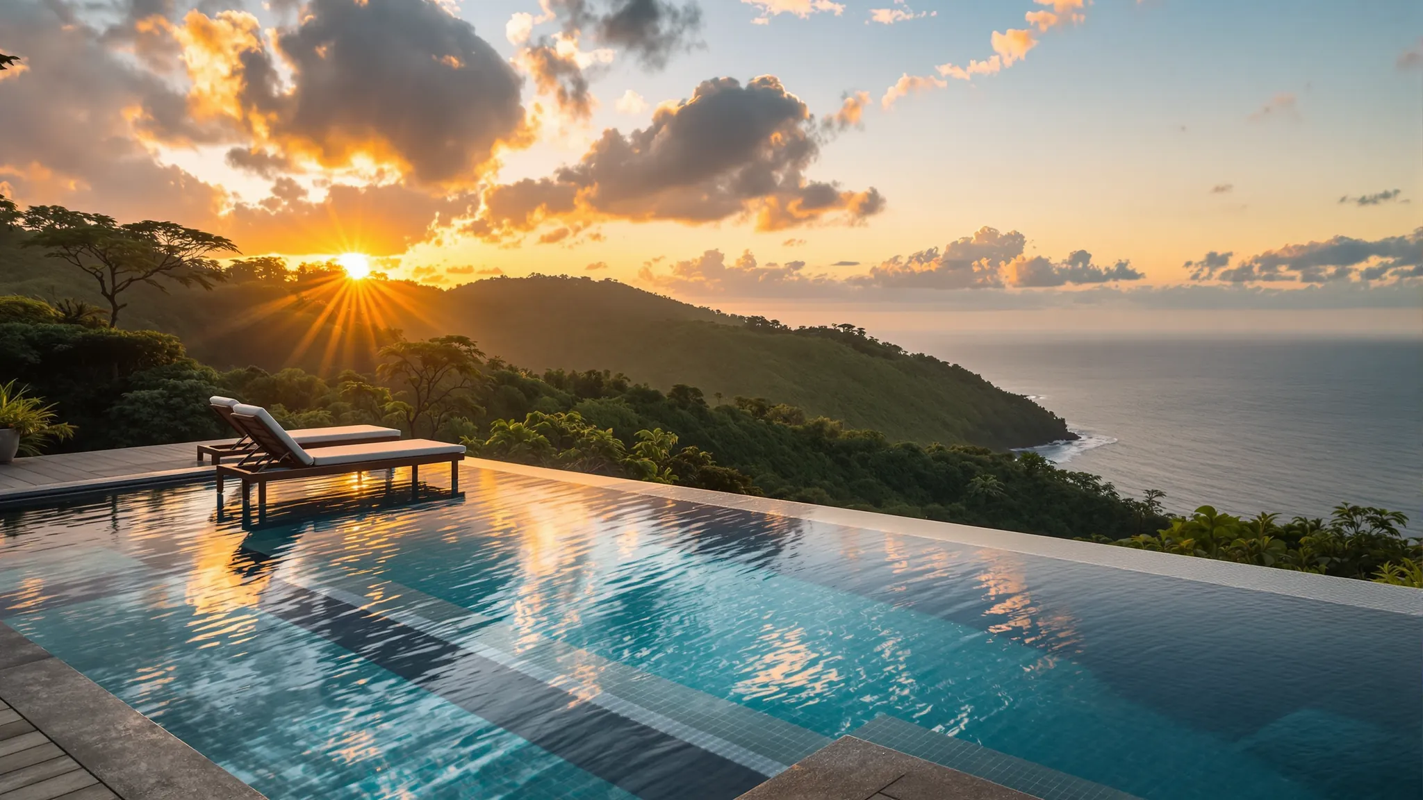 Infinity-Pool einer Villa auf einem Dschungelkamm mit Blick über bewaldete Hügel zum Pazifik