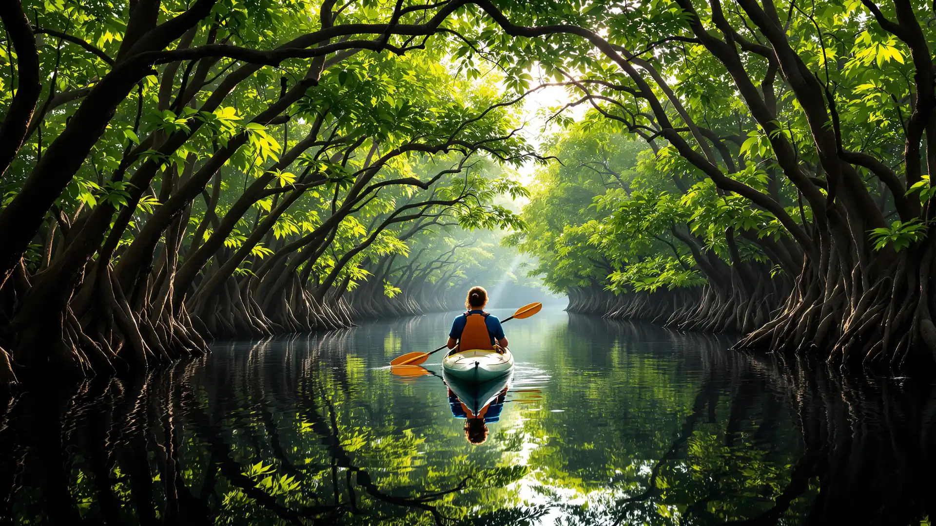 Eine Kajakfahrerin gleitet am frühen Morgen durch einen stillen Mangrovenkanal in Costa Rica