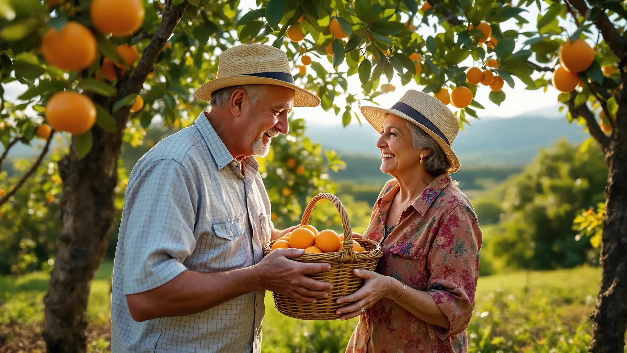 Ein älteres Paar erntet Orangen in der eigenen kleinen Finca am Hang