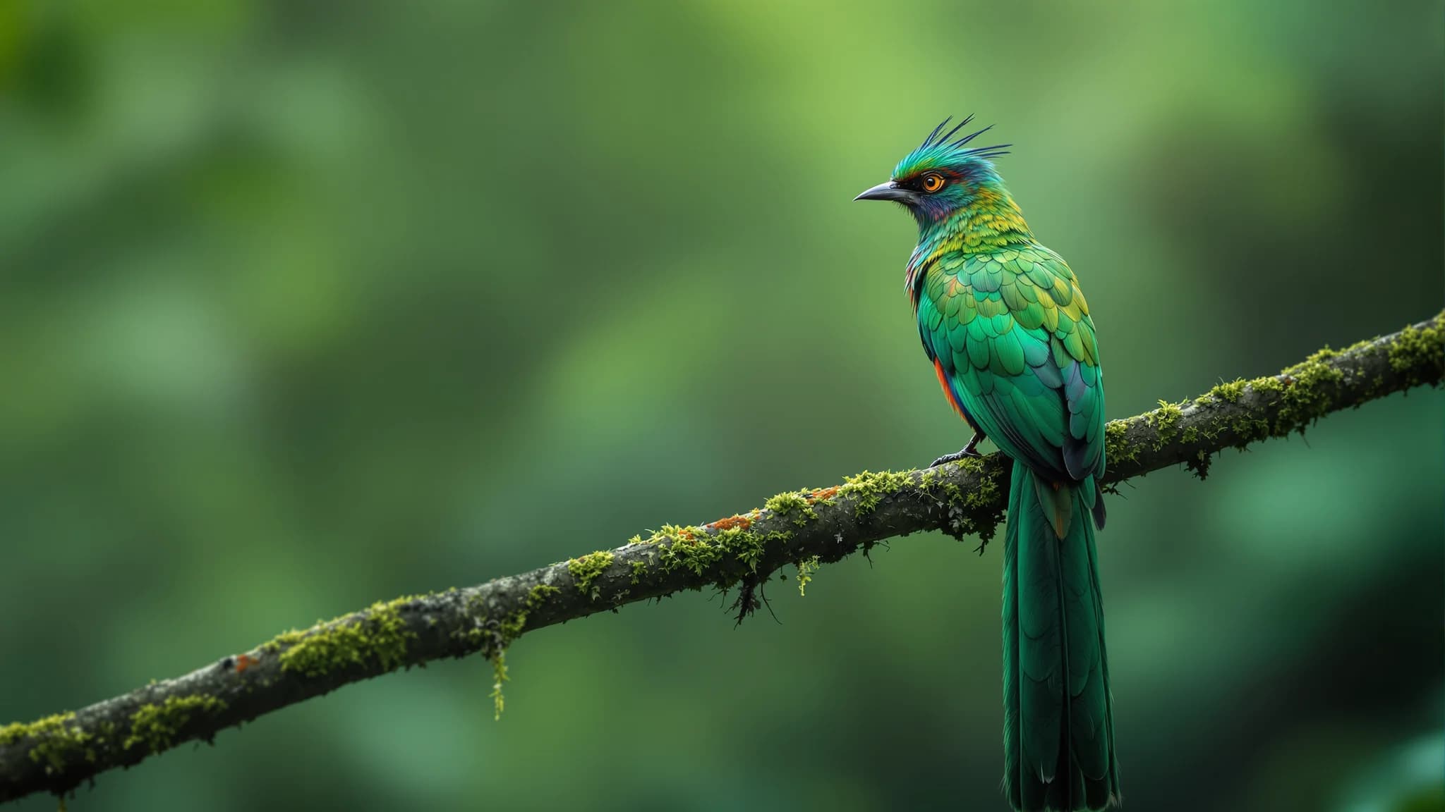 Ein Quetzal mit langen smaragdgrünen Schwanzfedern auf einem bemoosten Ast im Nebelwald