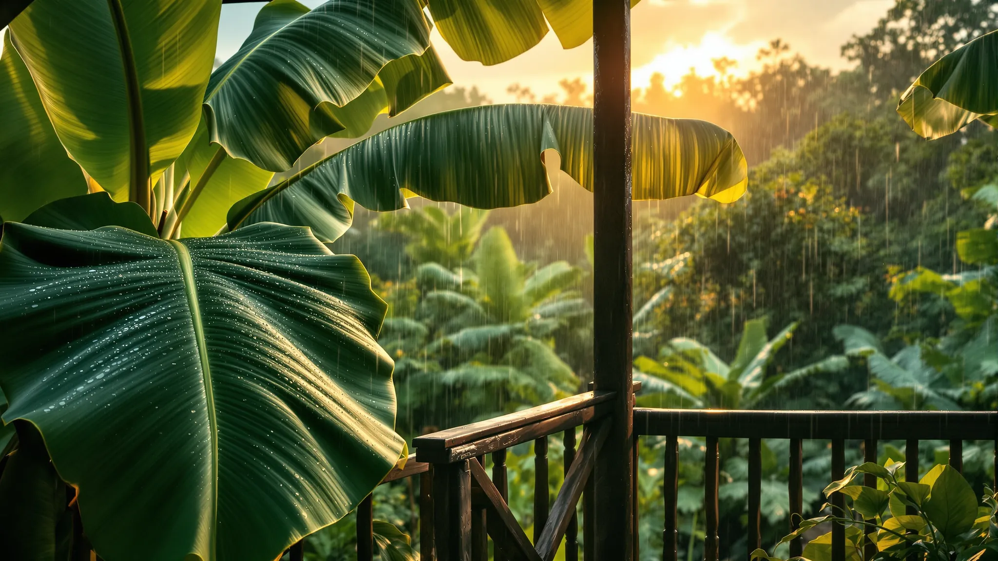 Große Bananenblätter voller Regentropfen vor einer Holzveranda im costa-ricanischen Tiefland