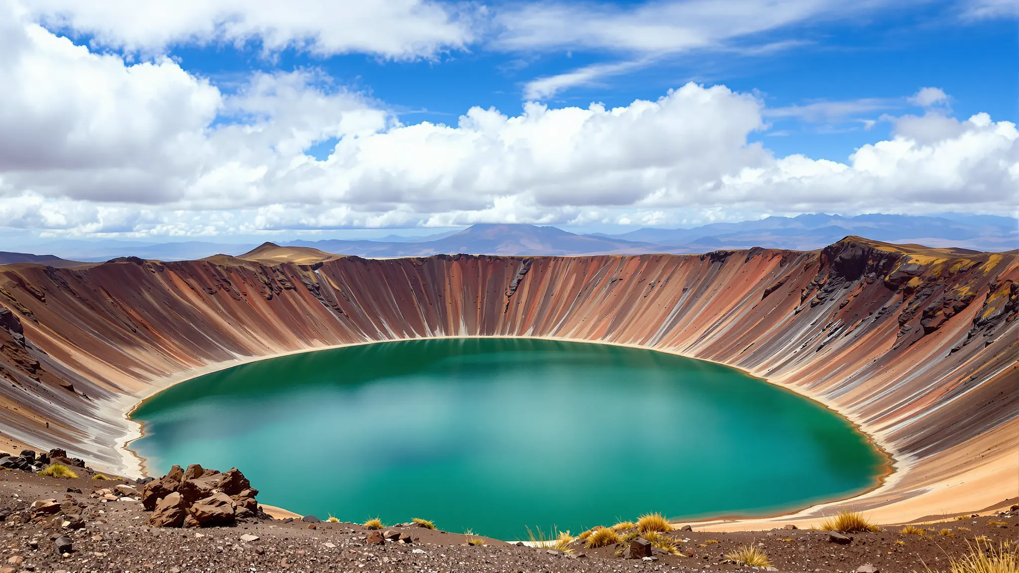 Ein hochandiner Kratersee in Ecuador vom Kraterrand aus, türkisgrünes Wasser zwischen steilen Vulkanwänden