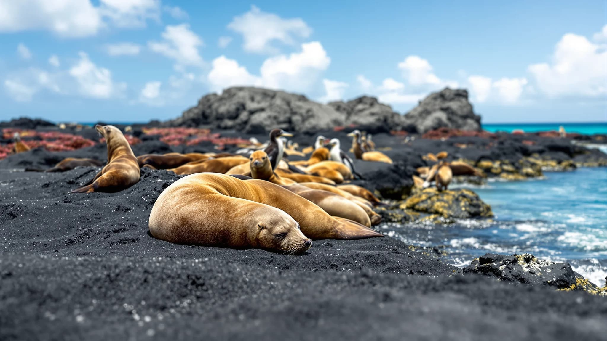 Seelöwen und Blaufußtölpel auf schwarzem Lavagestein an einer Galápagos-Küste