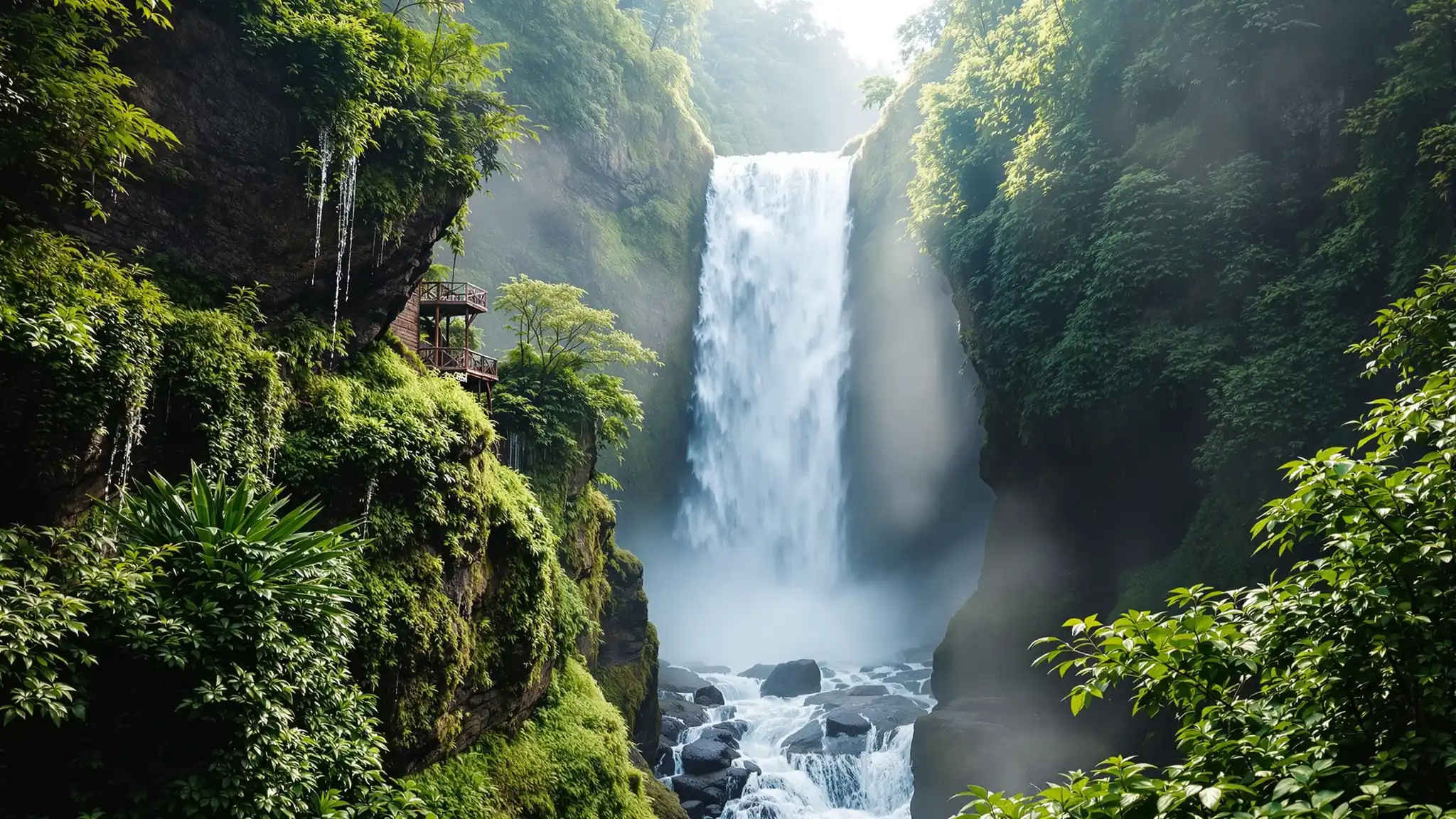 Ein Wasserfall stürzt in eine grüne Schlucht bei Baños in Ecuador