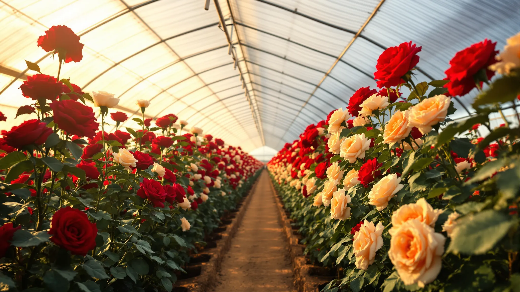 Reihen langstieliger Rosen in einem ecuadorianischen Hochlandgewächshaus im Morgenlicht