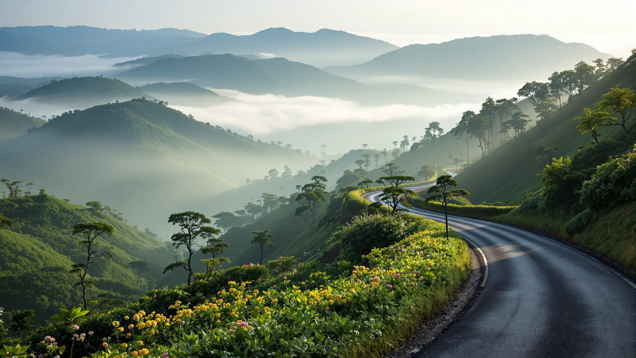 Eine Bergstraße windet sich durch Kaffeehänge und blühende Bäume auf der Ruta de las Flores