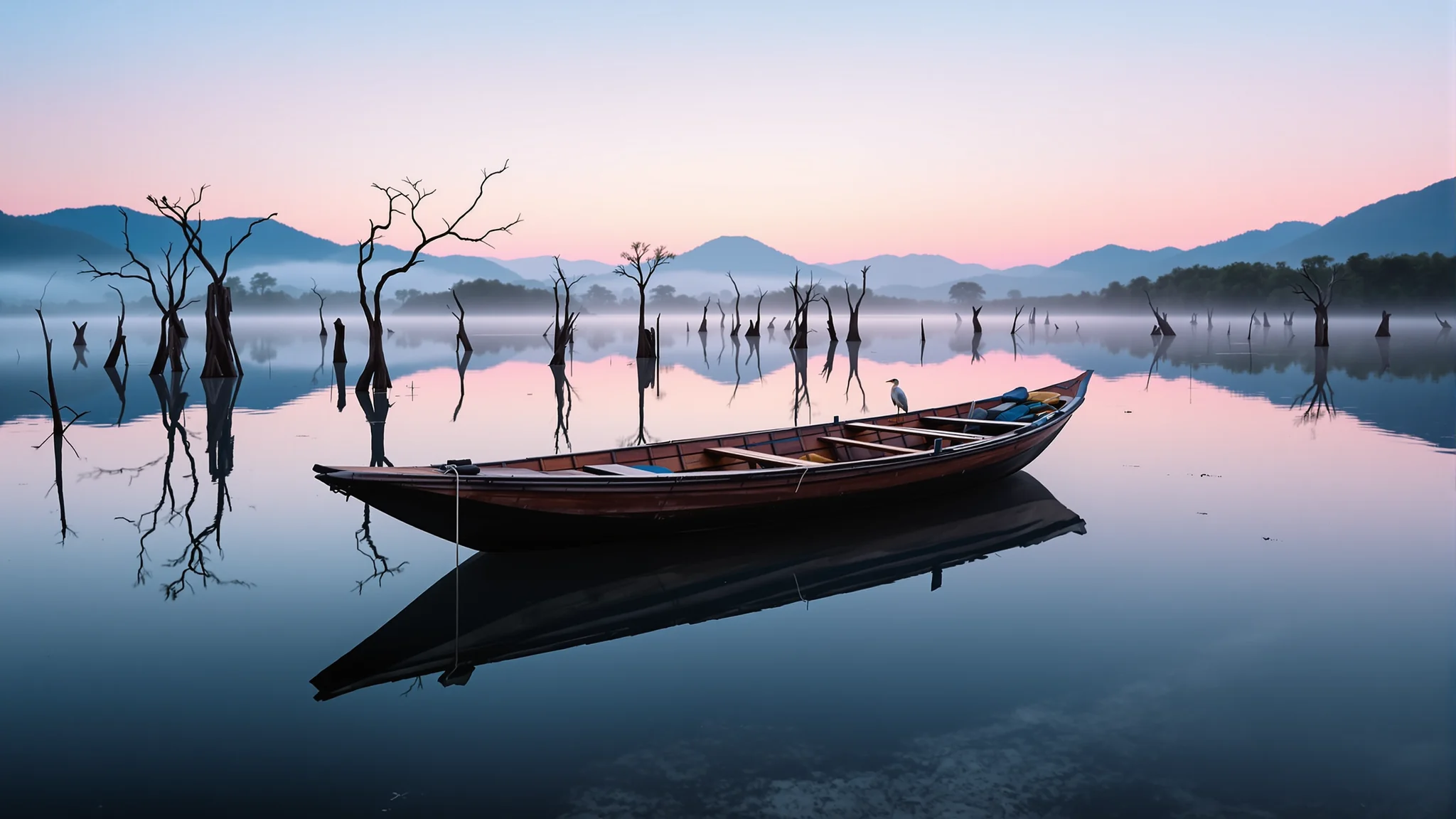 Ein Fischerboot auf dem spiegelglatten Suchitlán-See bei Suchitoto im Morgengrauen