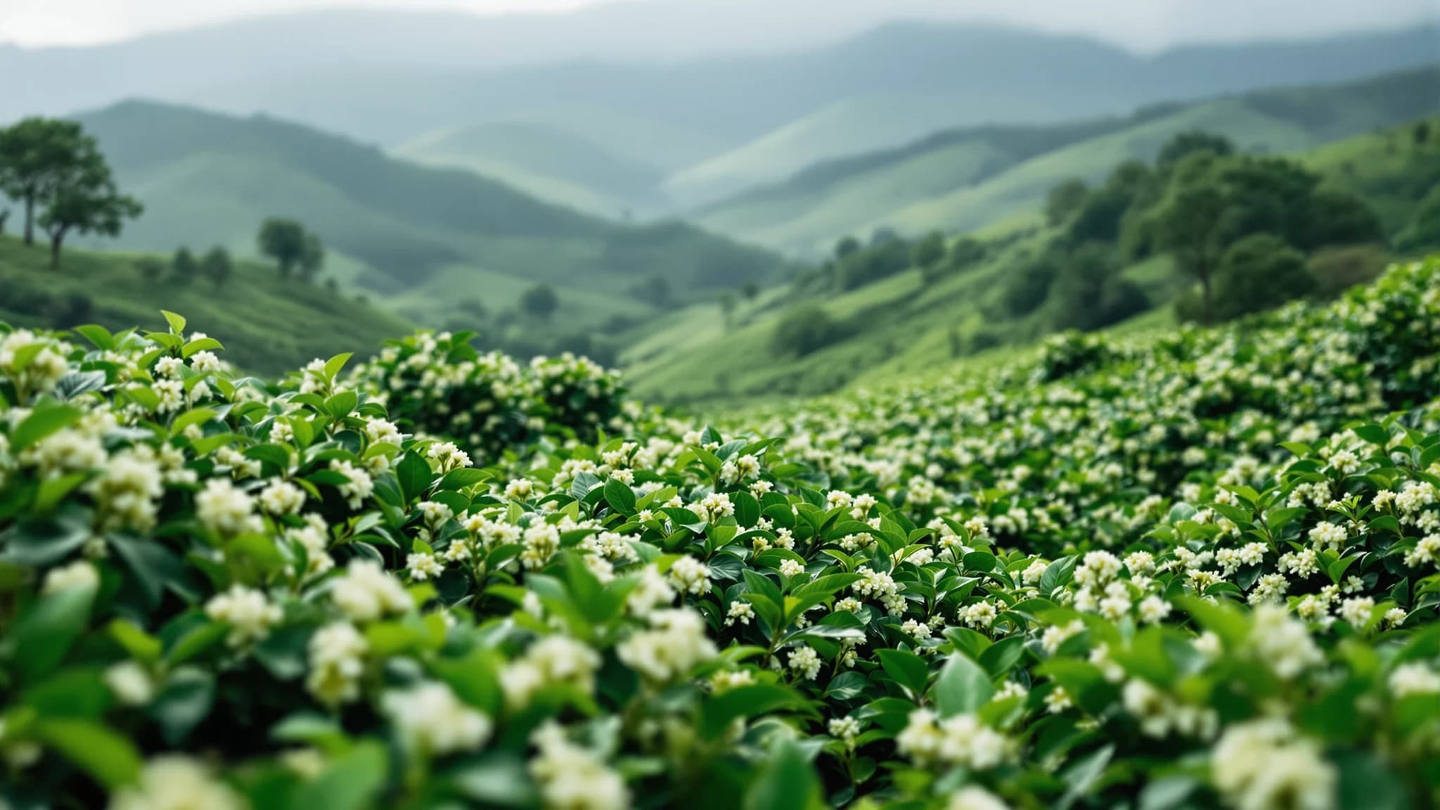 Eine salvadorianische Kaffeeplantage in voller weißer Blüte nach dem Regen