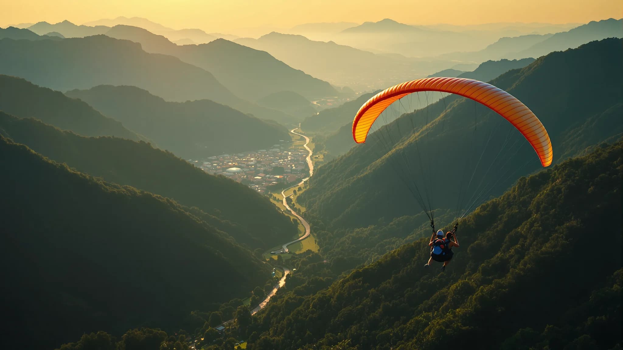 Gleitschirmflieger über dem grünen Aburrá-Tal bei Medellín im Abendlicht