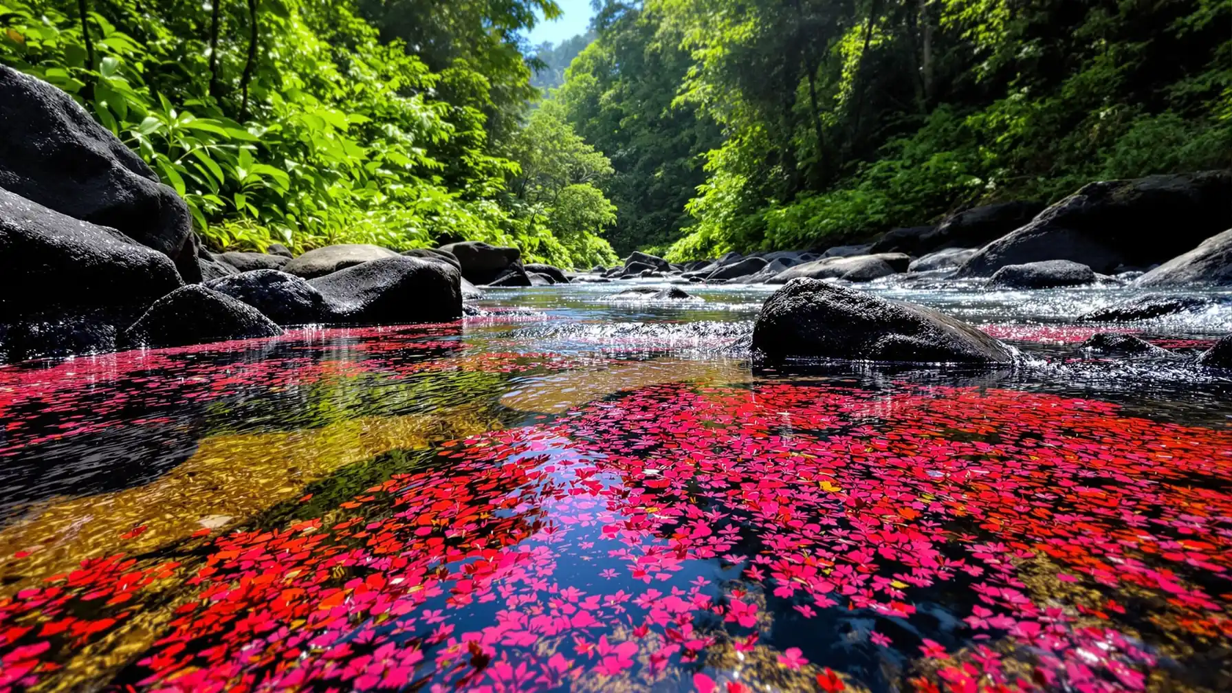 Der Caño Cristales in Kolumbien mit leuchtend roten Wasserpflanzen im klaren Flussbett