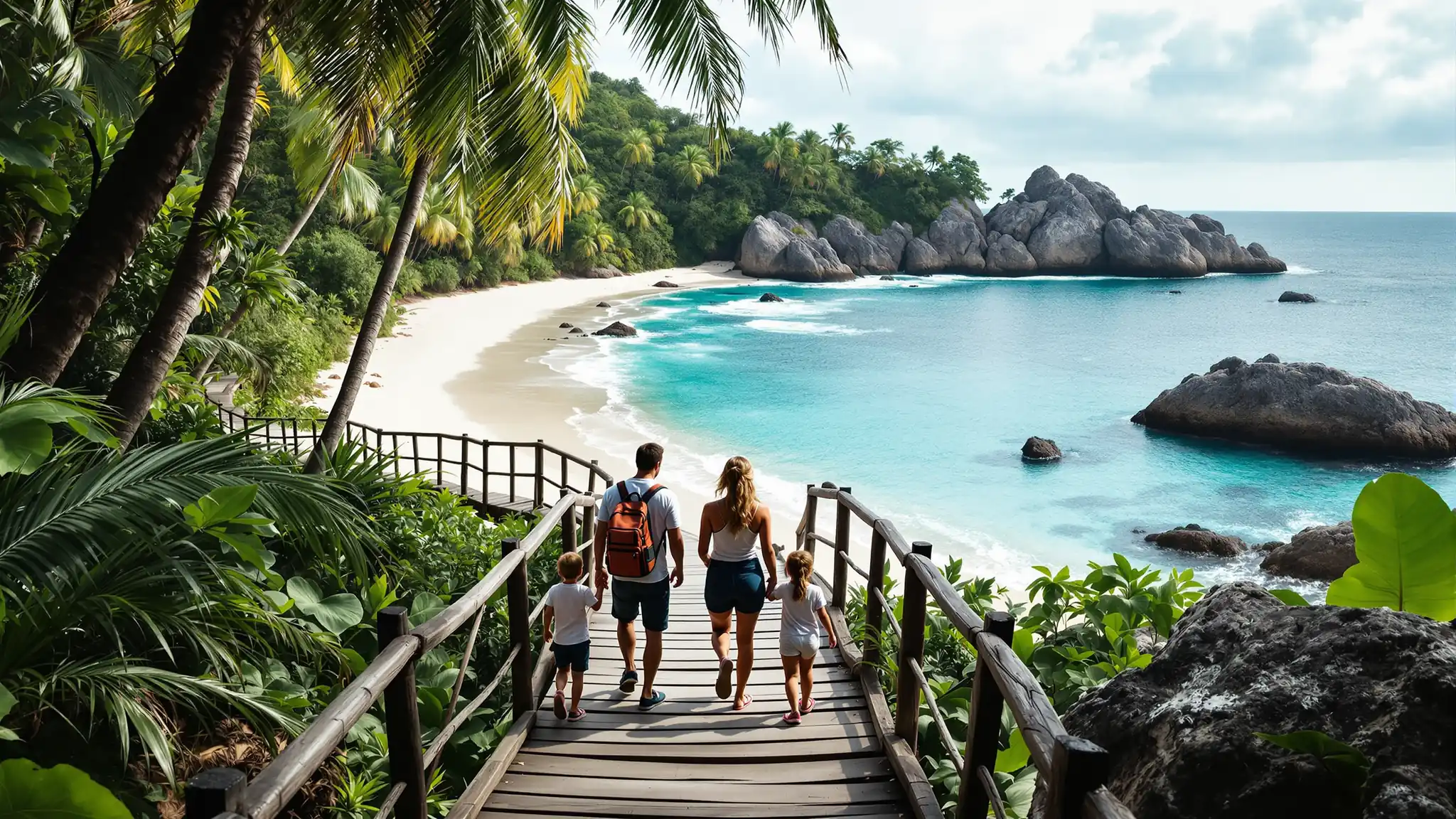 Eine Familie geht über einen Holzsteg durch den Palmenwald zum Strand des Tayrona-Nationalparks