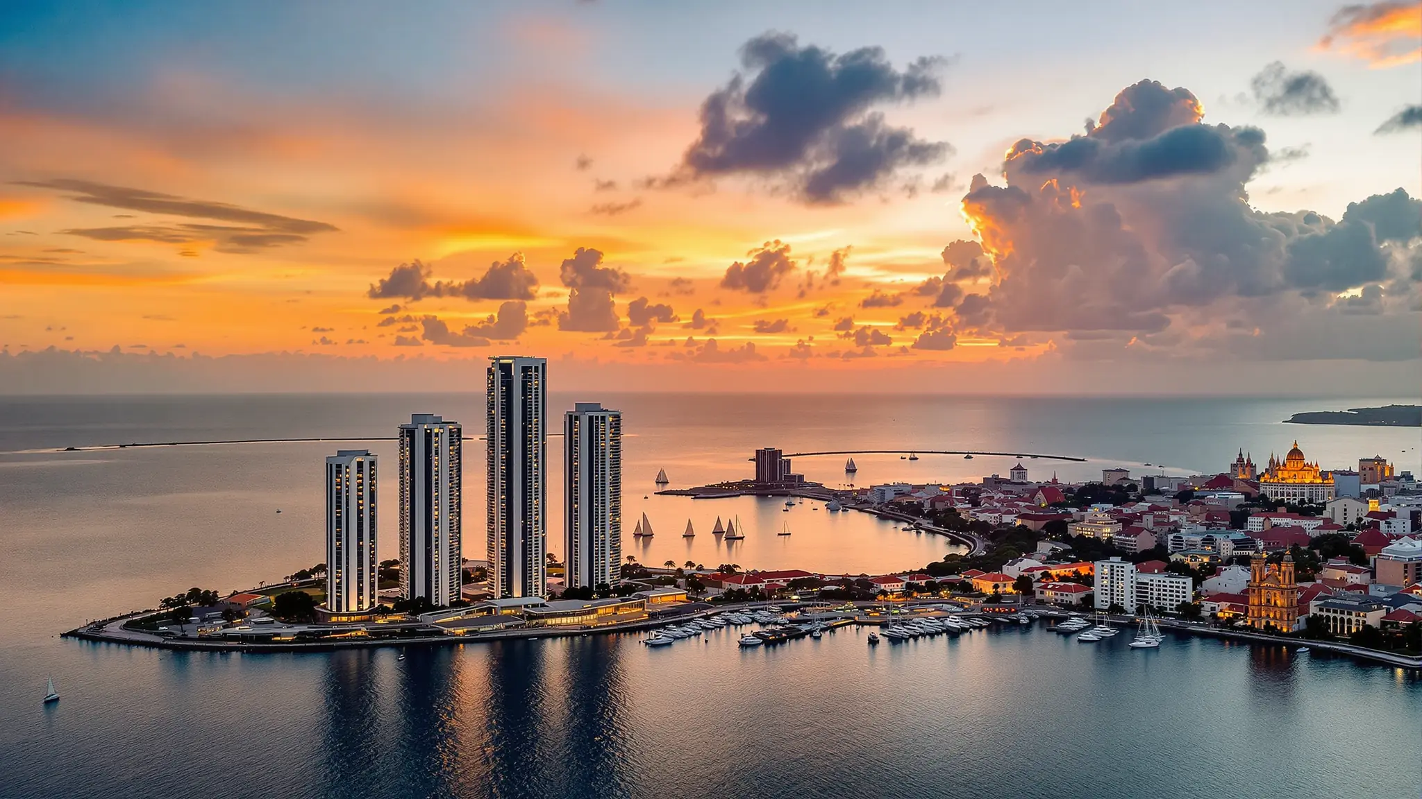 Luftbild der Türme von Bocagrande in Cartagena zwischen zwei Buchten der Karibik im Sonnenuntergang