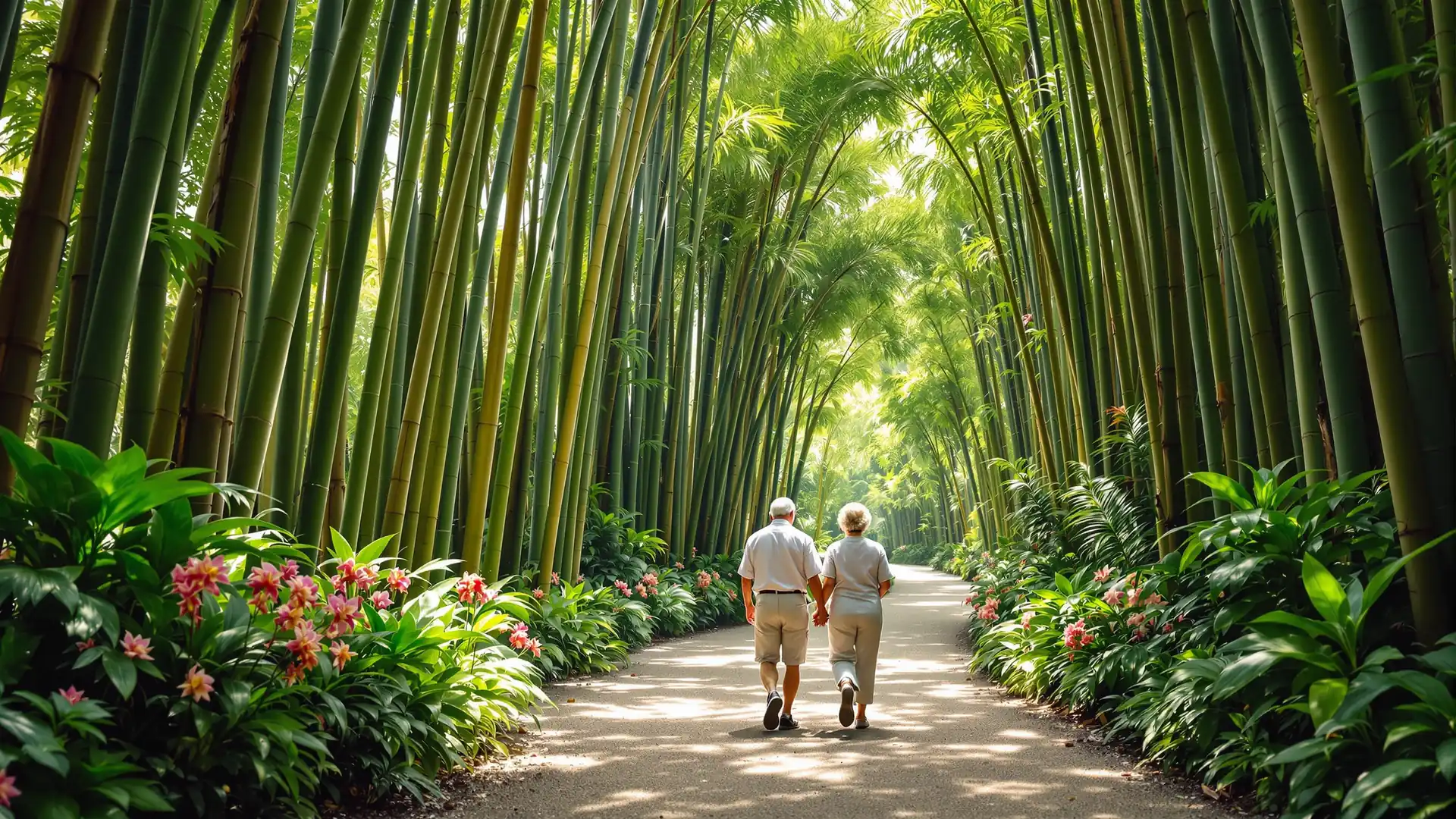 Ein älteres Paar spaziert durch einen Riesenbambus-Hain in einem kolumbianischen botanischen Garten