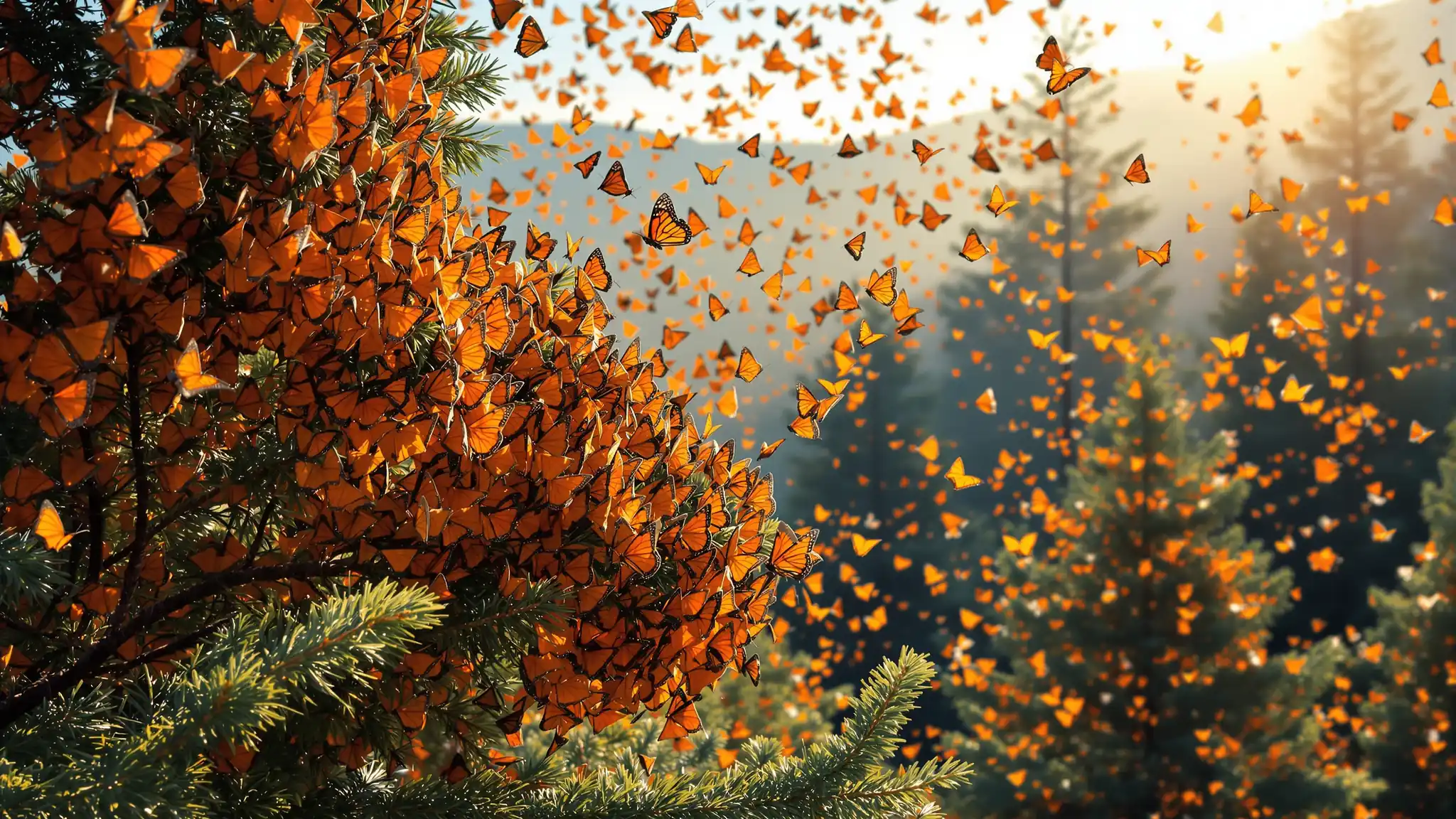 Monarchfalter in dichten orangefarbenen Trauben an Tannen im Hochland von Michoacán