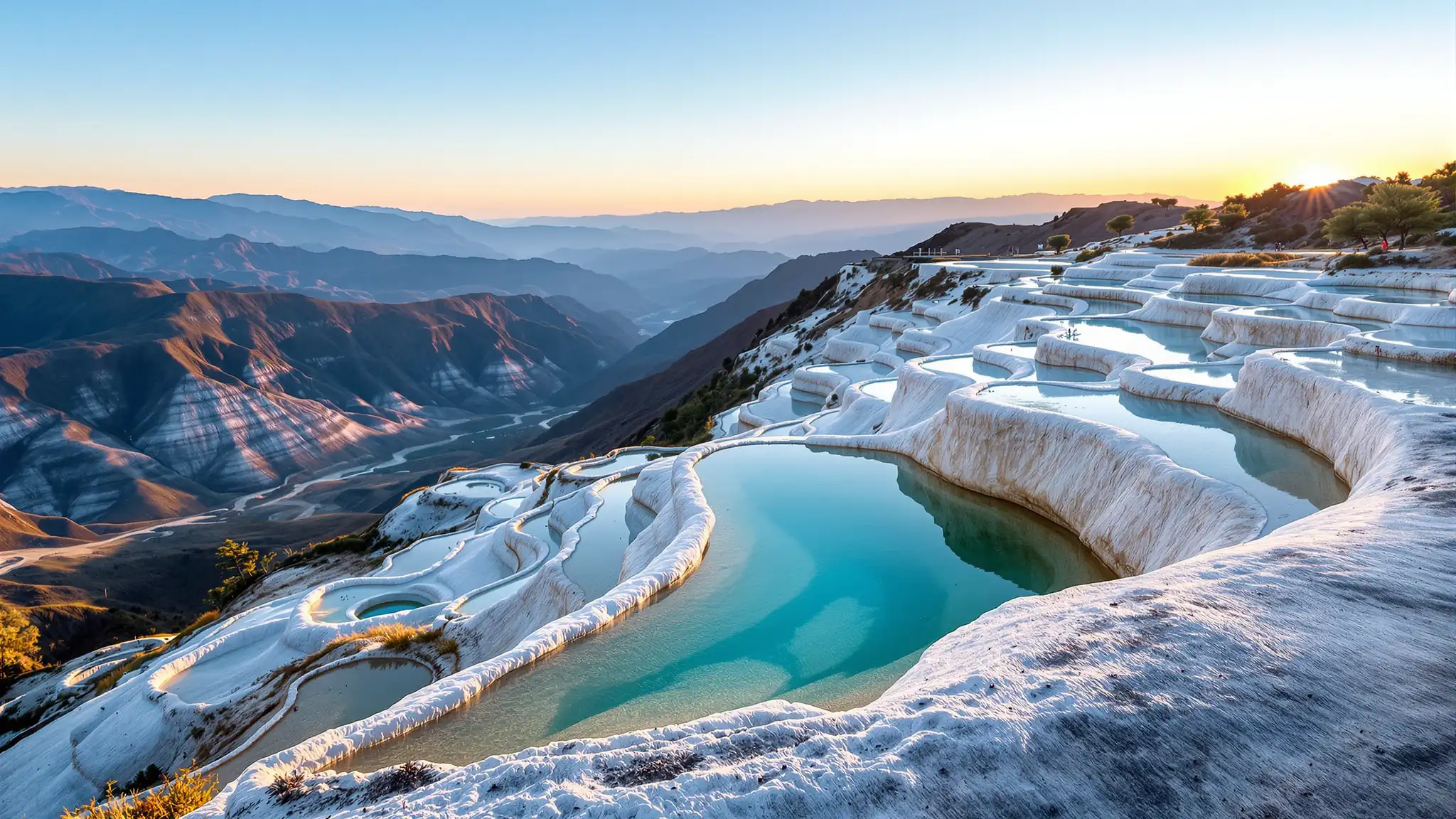 Die Sinterterrassen von Hierve el Agua über dem Tal von Oaxaca im Sonnenaufgang