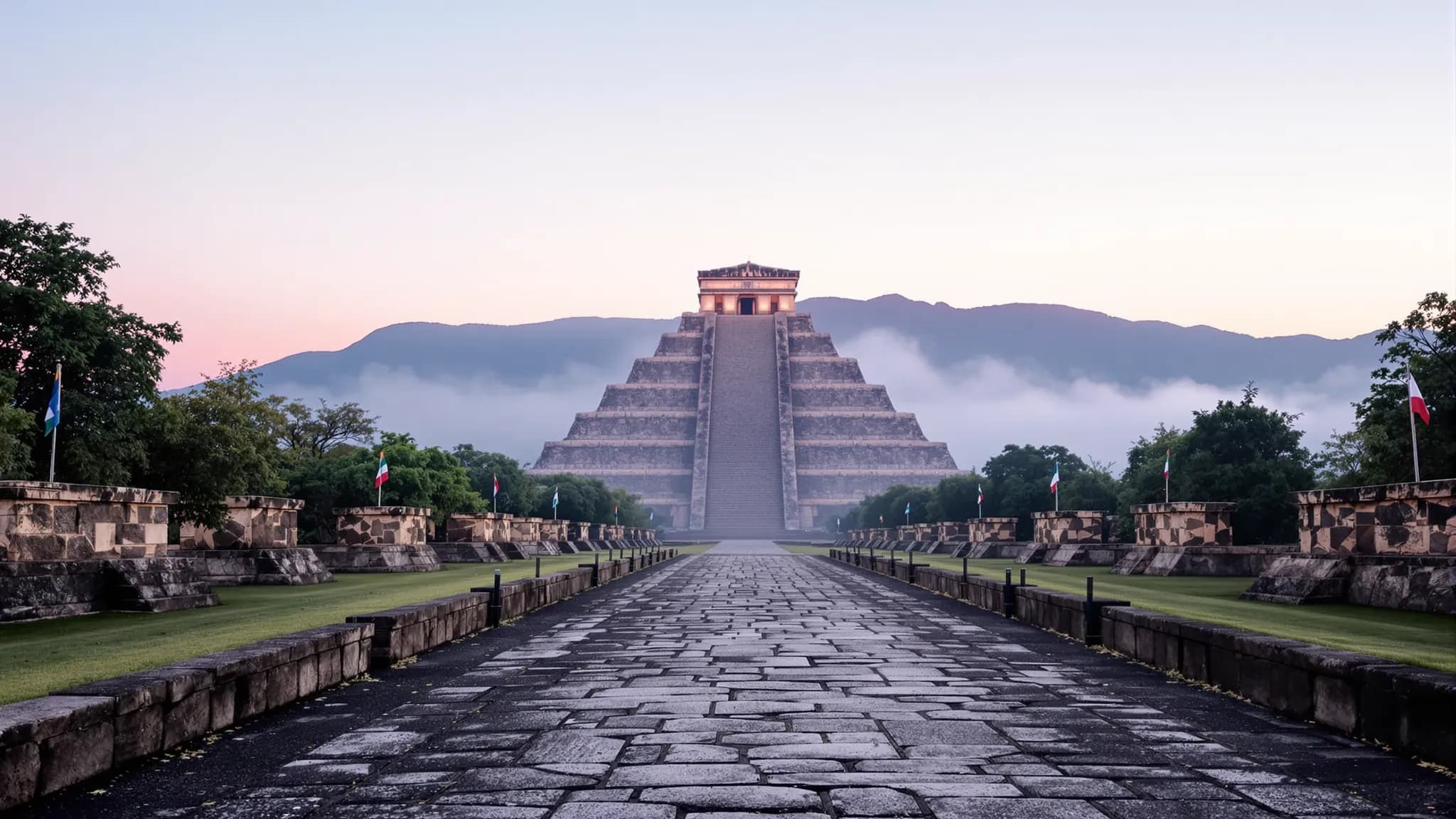 Die Straße der Toten in Teotihuacán im Morgennebel, dahinter die Stufenpyramide