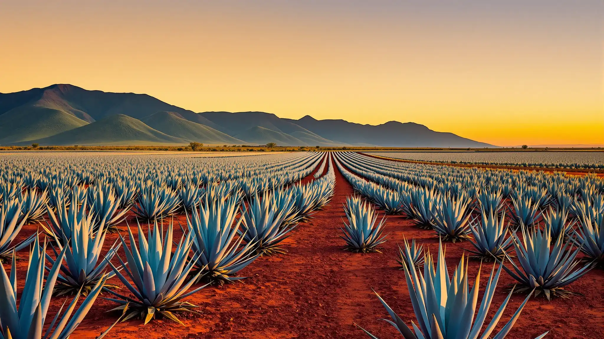 Reihen blauer Agaven auf rotem Vulkanboden bei Tequila im Abendlicht