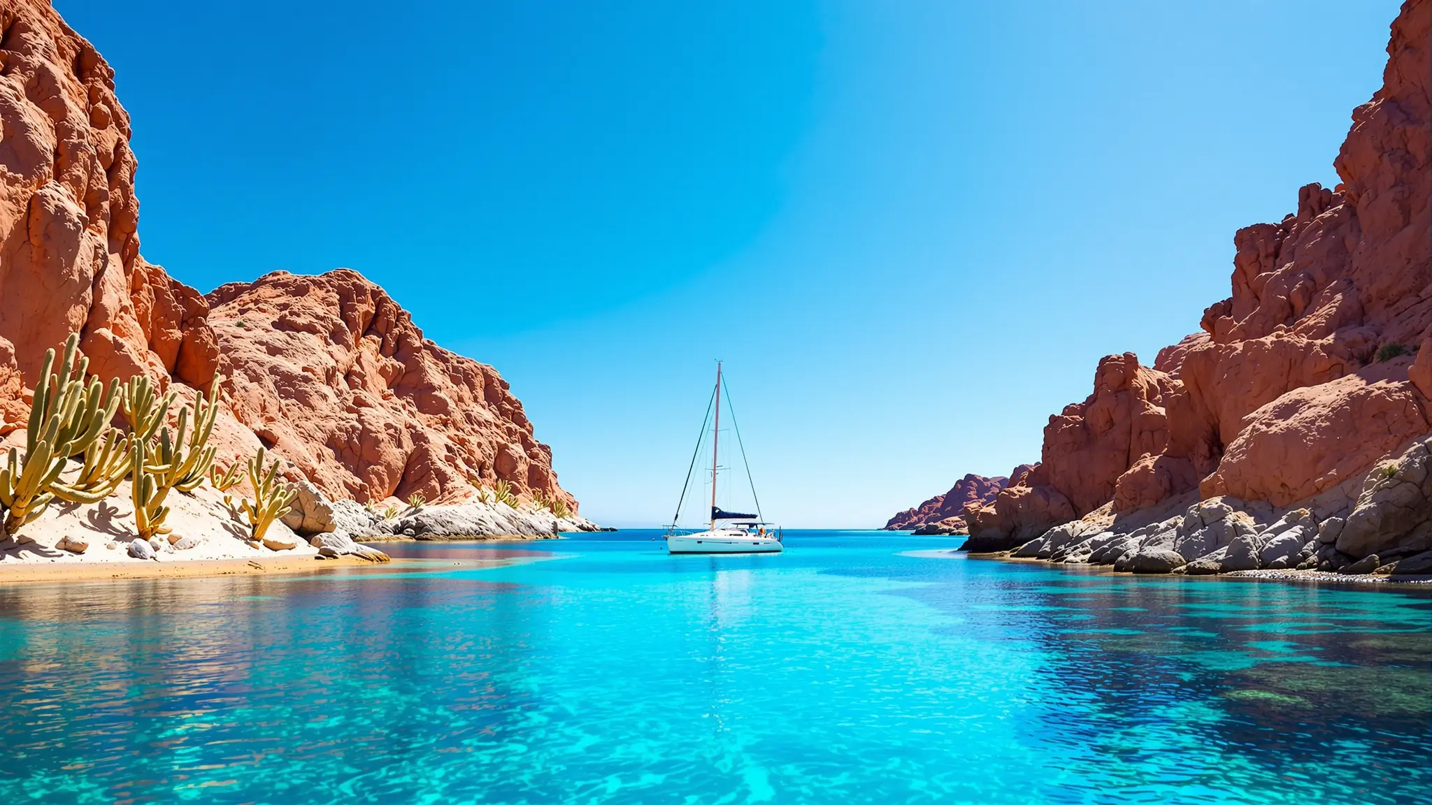 Ein einzelnes Segelboot in einer türkisfarbenen Bucht Baja Californias zwischen roten Wüstenklippen