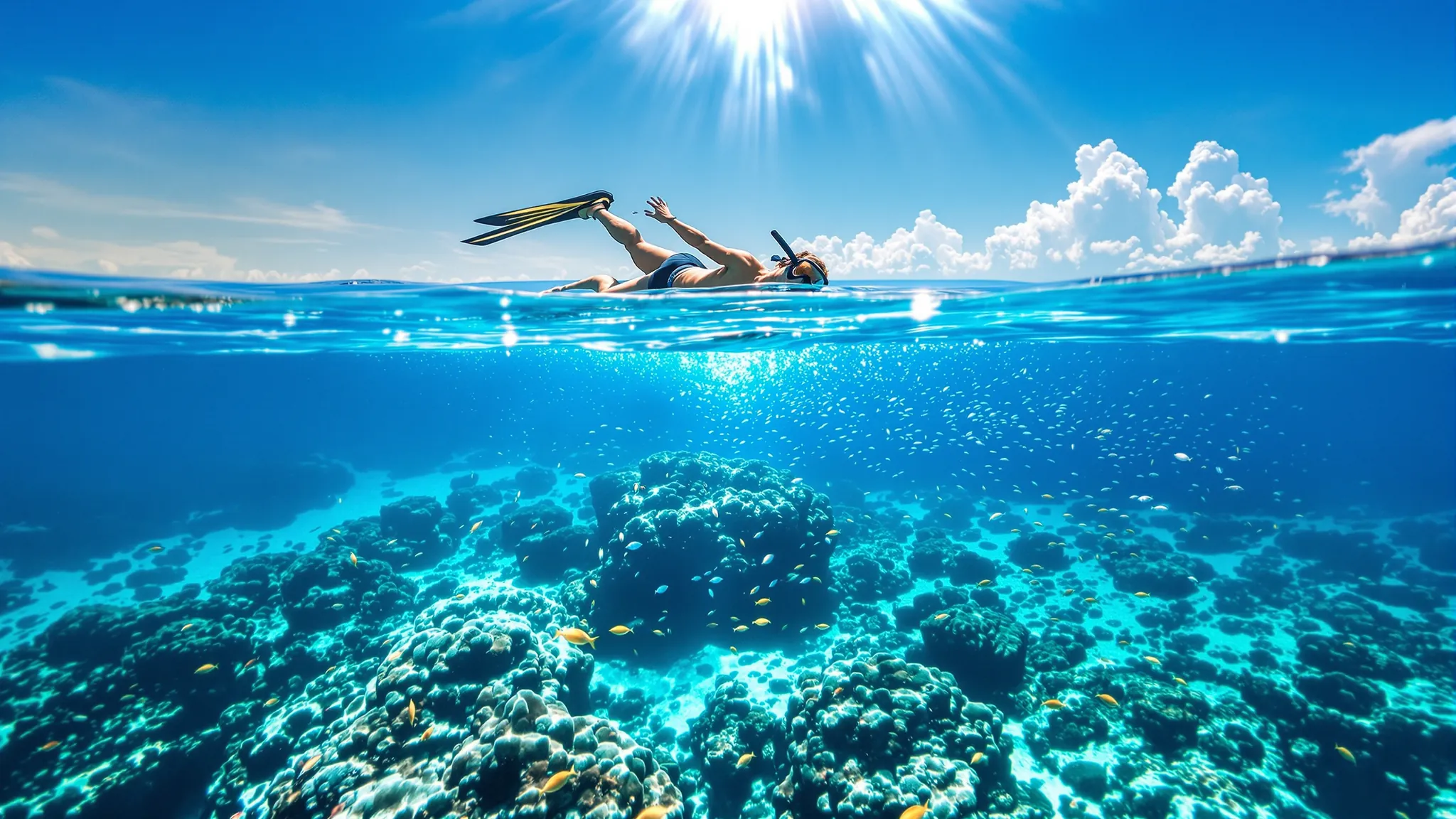 Ein Schnorchler über einem hellen Korallenriff im klaren Pazifikwasser vor Panama