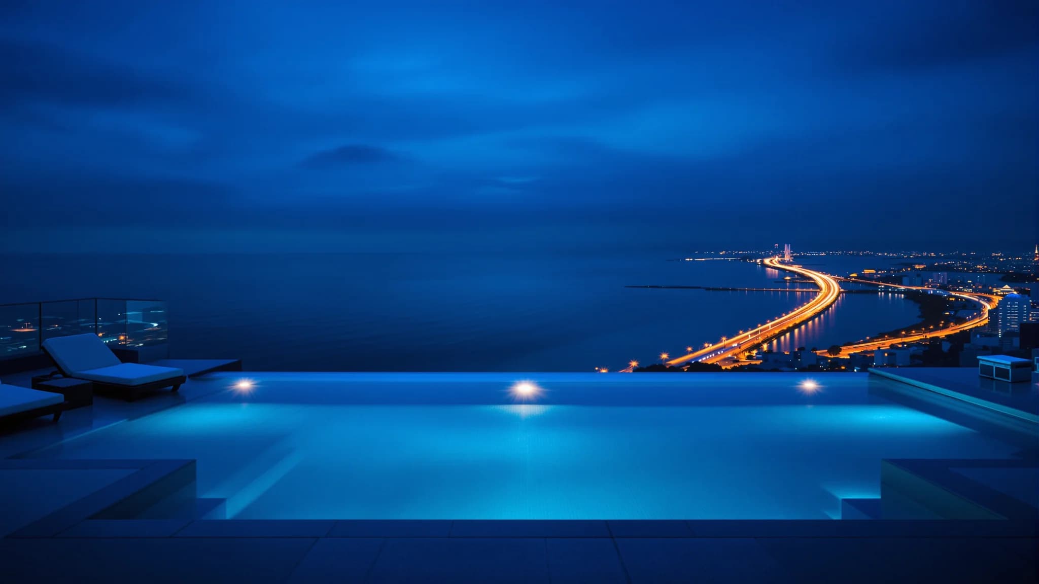 Dach-Infinity-Pool eines Hochhauses in Panama-Stadt zur blauen Stunde über der beleuchteten Bucht