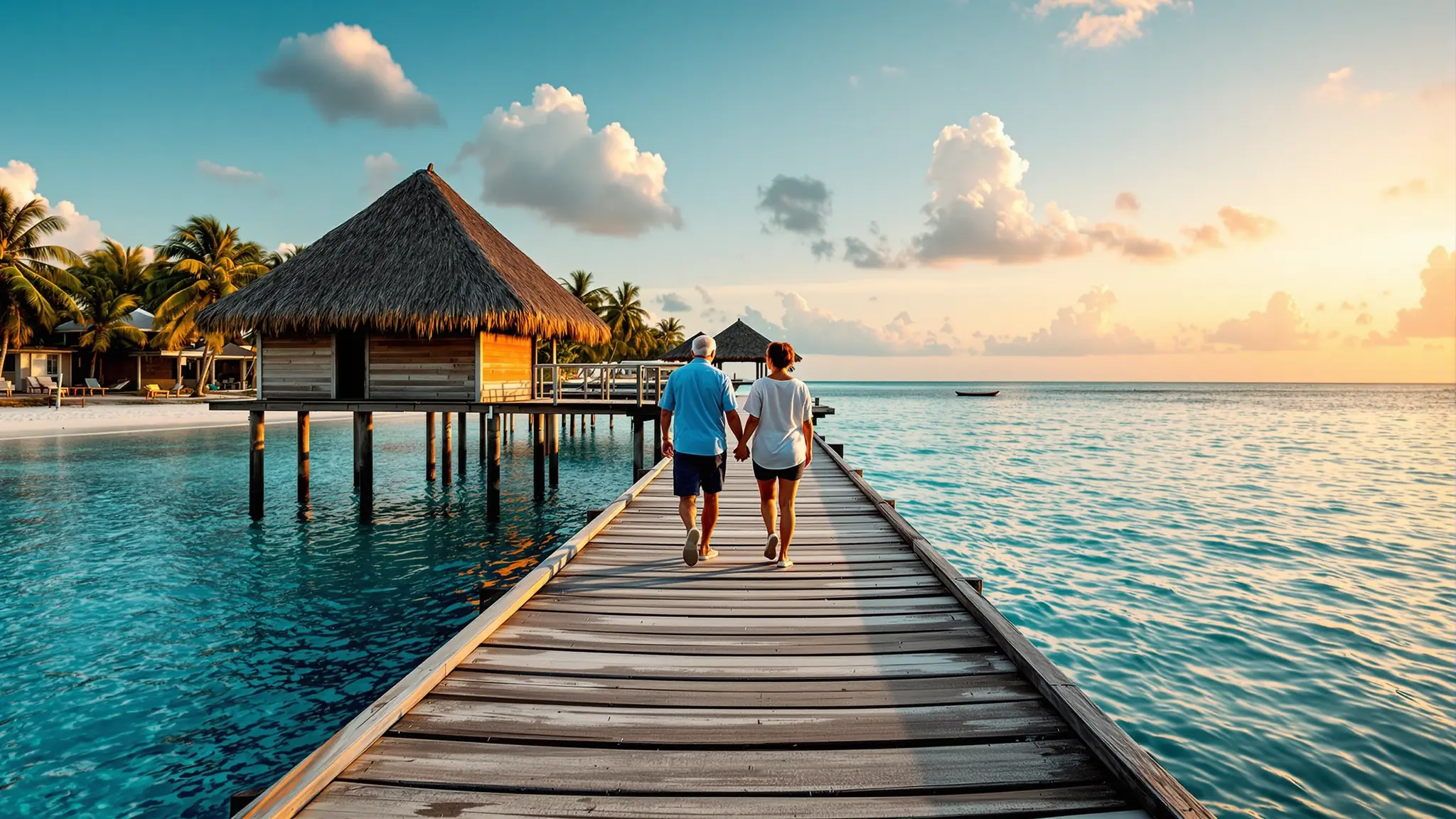 Ein älteres Paar geht bei Sonnenaufgang über einen langen Holzsteg über türkisfarbenes Wasser in Bocas del Toro