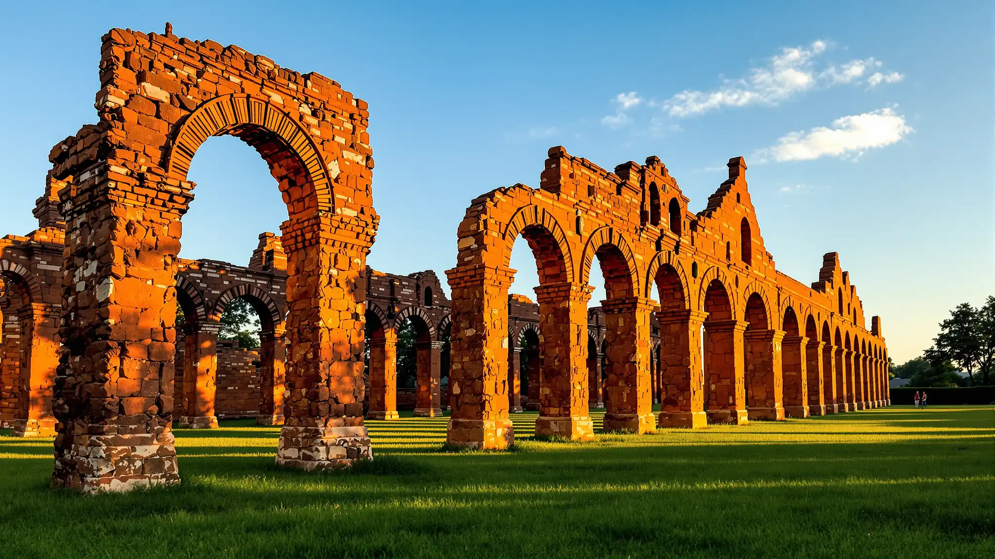 Die roten Sandsteinbögen der Jesuitenruinen von Trinidad in Paraguay im Abendlicht