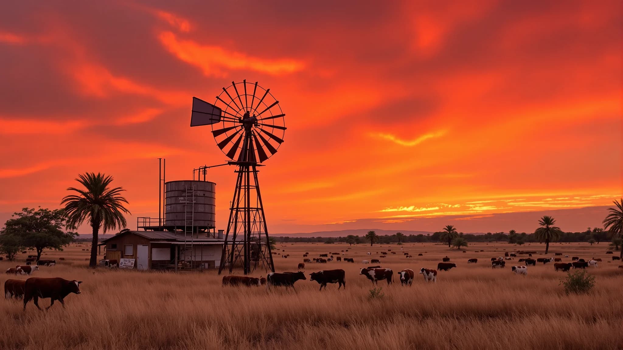 Windrad und weidendes Vieh auf einer Estancia im paraguayischen Chaco unter einem weiten Abendhimmel