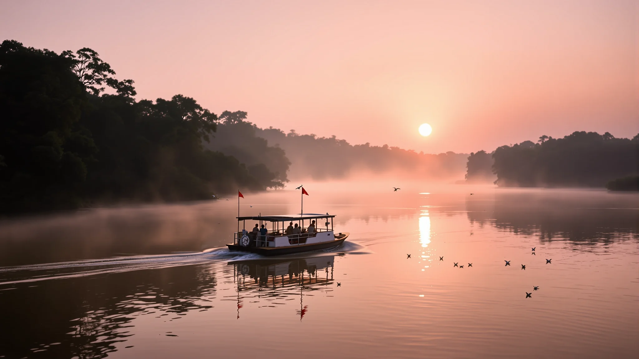 Eine kleine Fähre quert im Morgennebel den breiten Río Paraguay