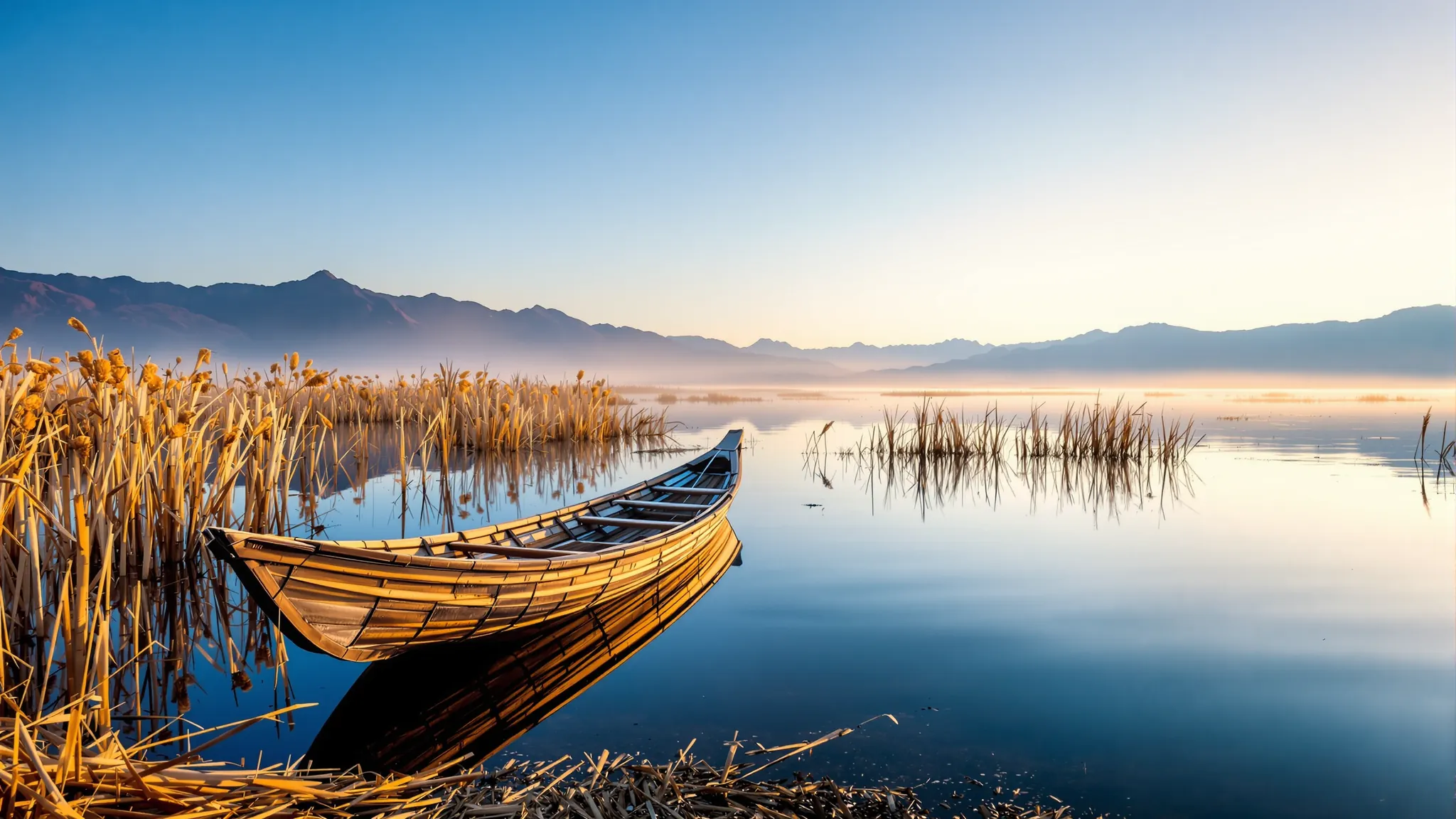Ein Schilfboot am Rand einer schwimmenden Totora-Insel im Titicacasee bei Tagesanbruch