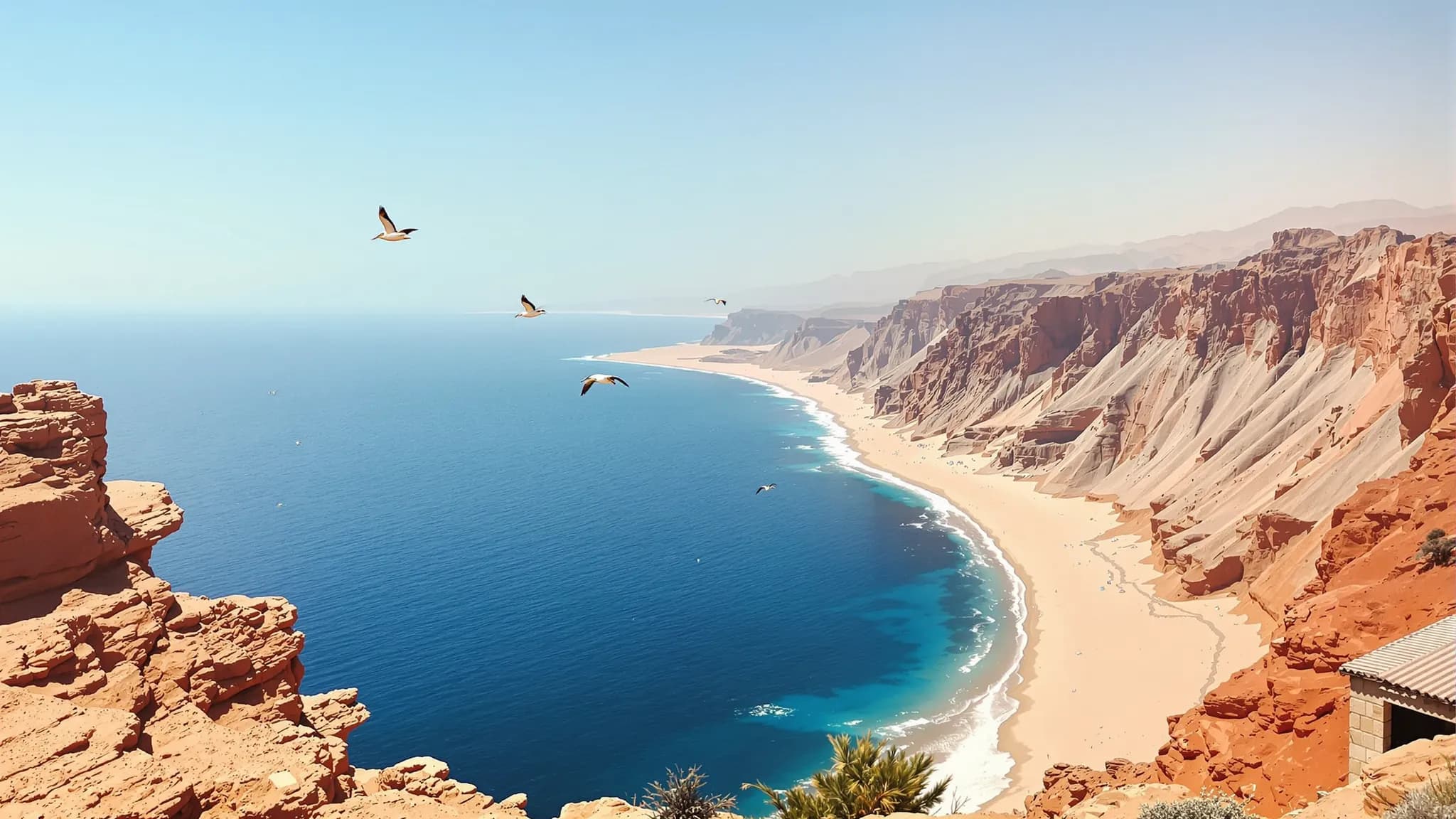 Die Wüstenklippen der Paracas-Küste fallen senkrecht in den Pazifik, Pelikane gleiten davor
