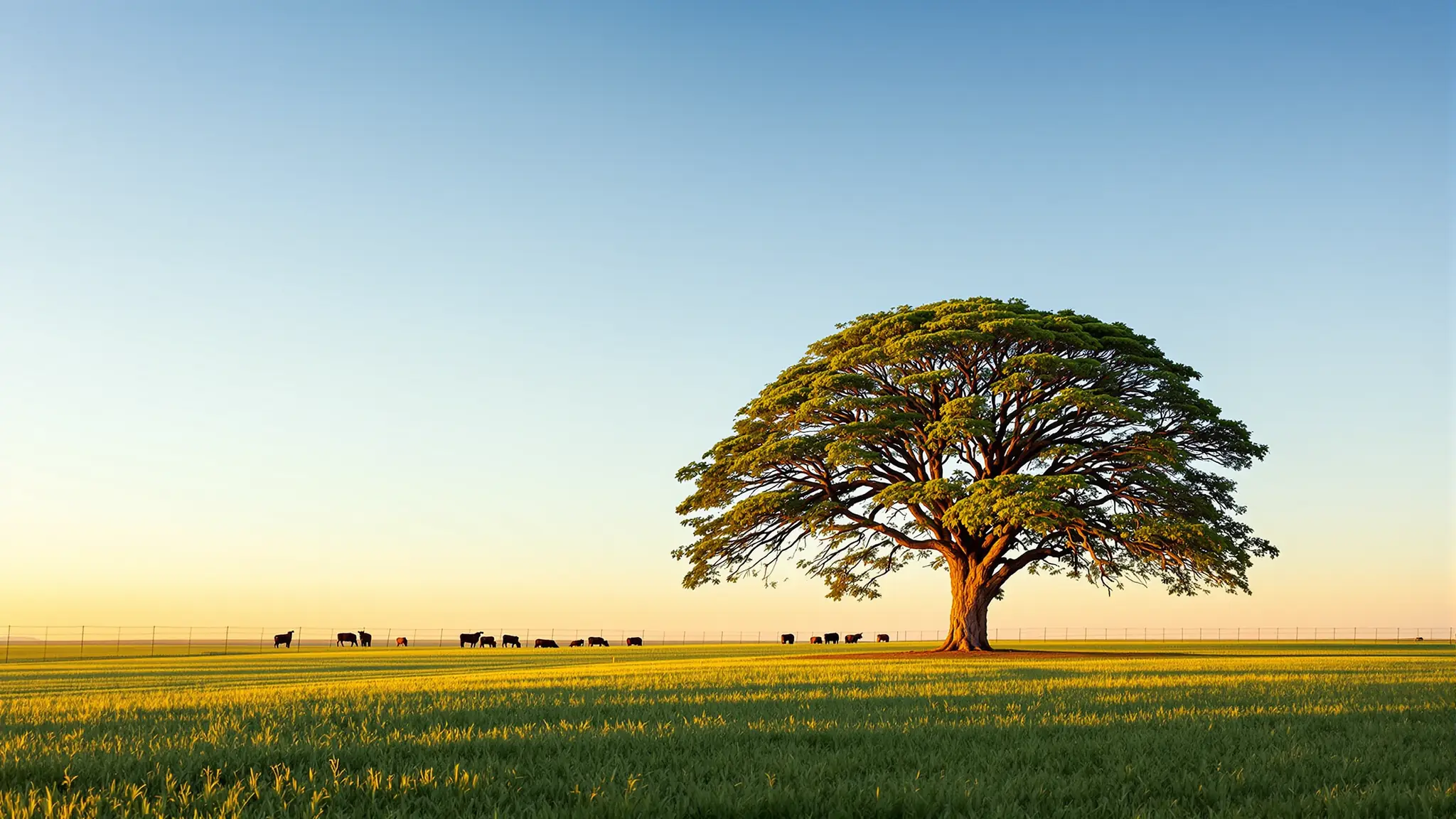 Ein einzelner Ombú-Baum auf einer grünen Anhöhe im uruguayischen Weideland im Abendlicht