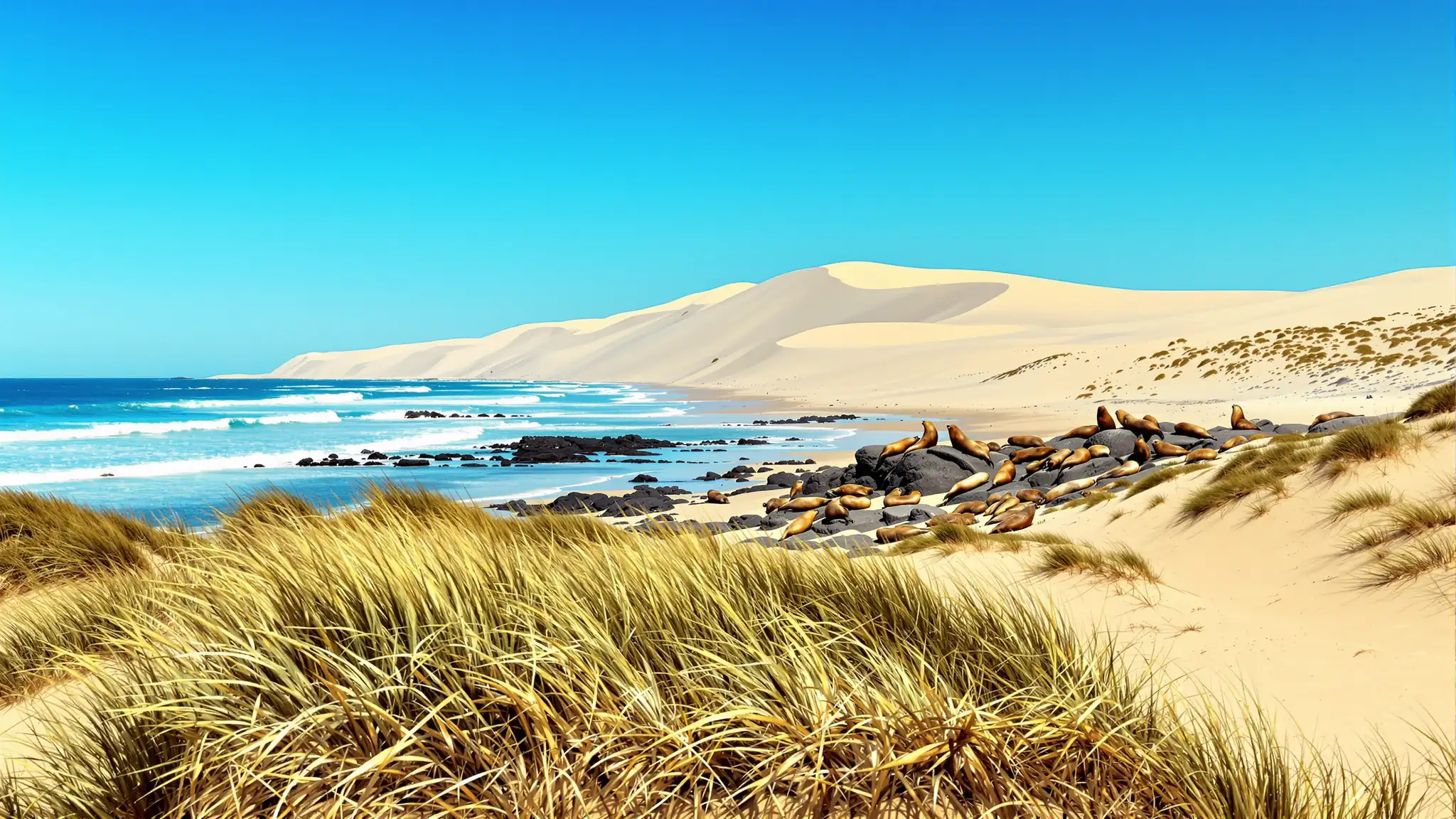 Die Wanderdünen von Cabo Polonio laufen in den Atlantik, Seelöwen auf den Felsen in der Brandung