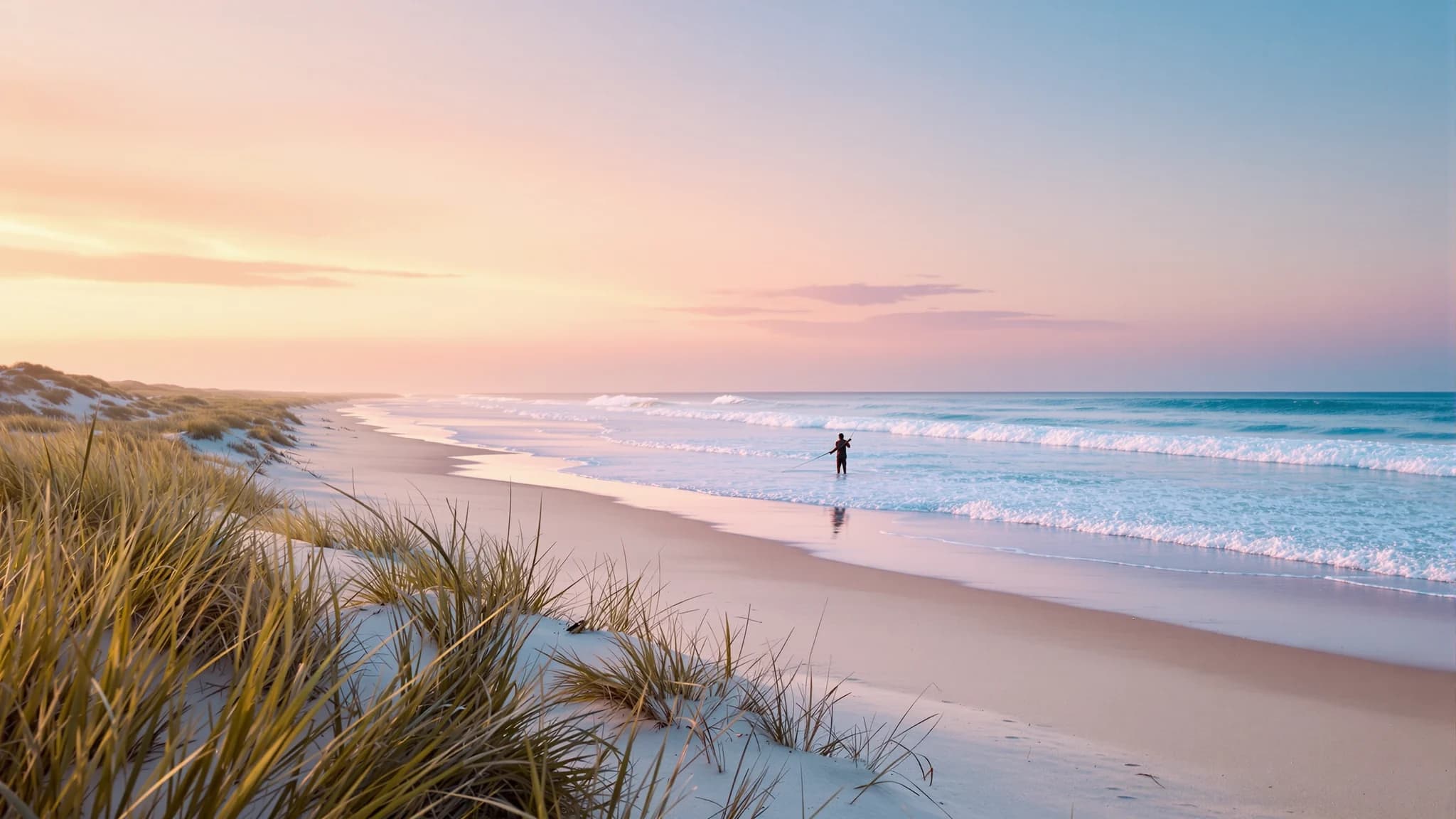 Ein leerer Strand an der uruguayischen Atlantikküste im Morgengrauen, weit hinten ein Angler in der Brandung