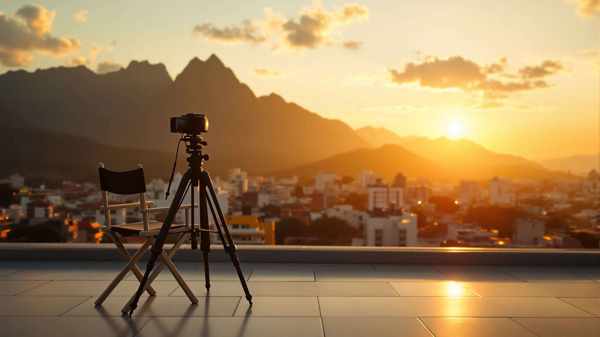 Regiestuhl und Stativ auf einer Dachterrasse über einer lateinamerikanischen Stadt im Abendlicht