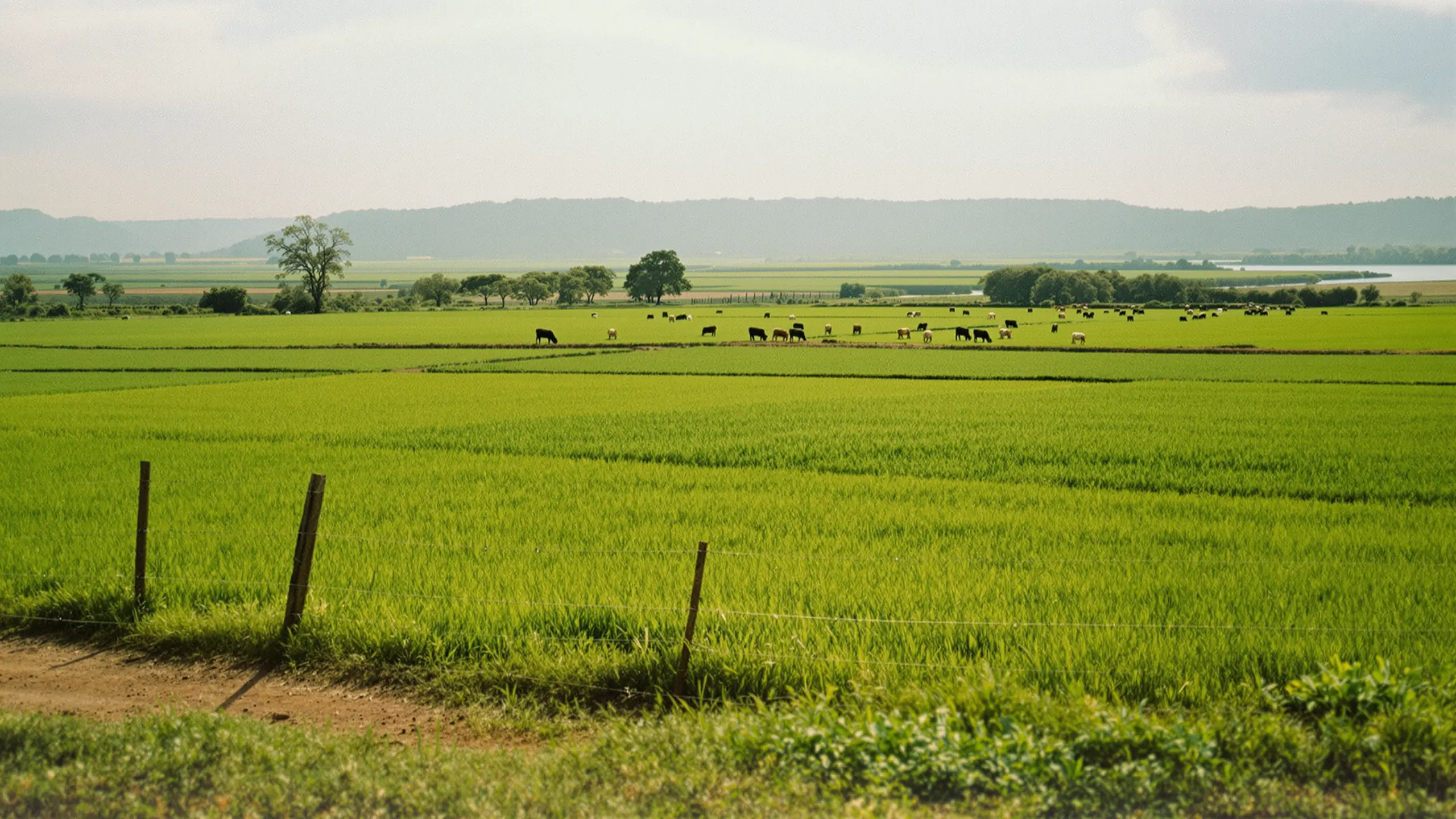 Weite Agrarlandschaft mit Rindern, Feldern und einem Fluss im warmen Nachmittagslicht