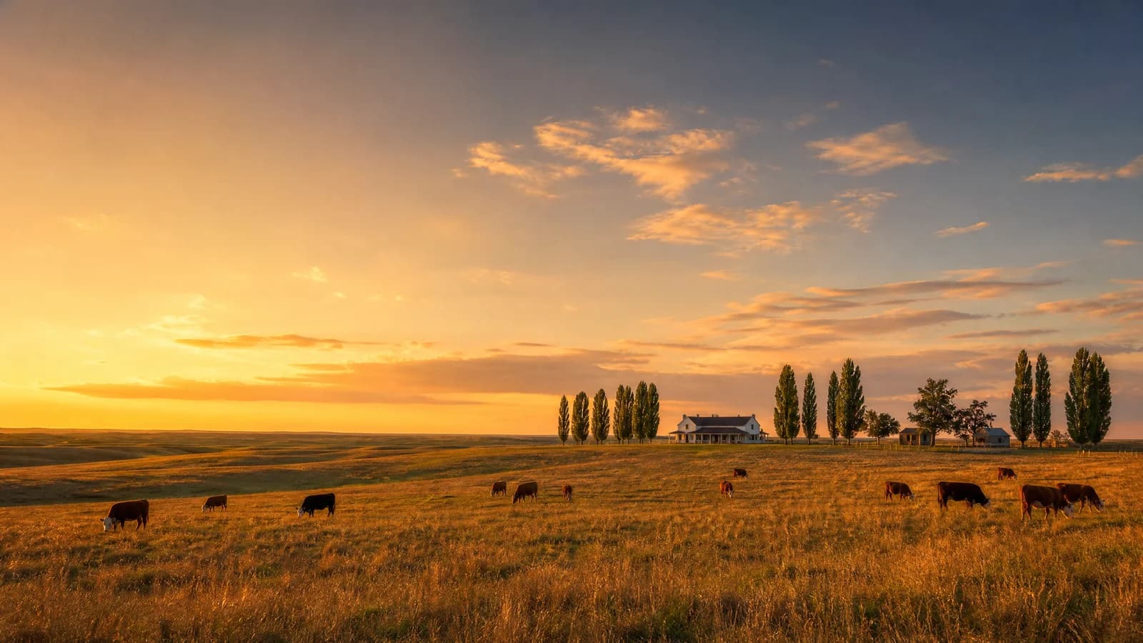 Weite argentinische Pampa mit Weideland, Rindern und einer Estancia im Abendlicht