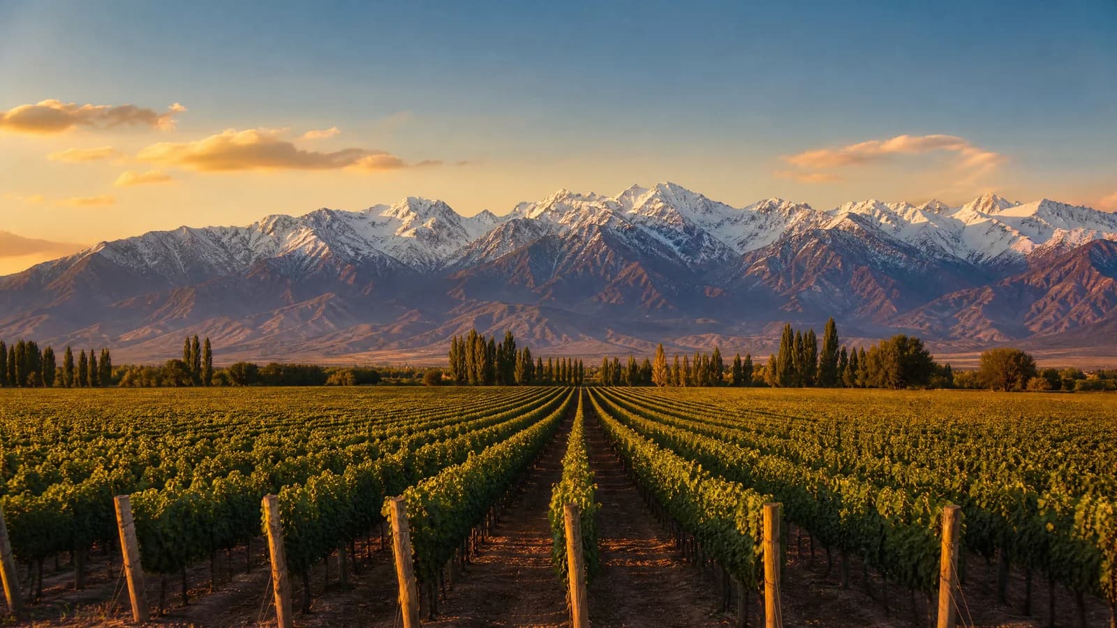 Weinberge in Mendoza im Abendlicht mit den schneebedeckten Anden im Hintergrund