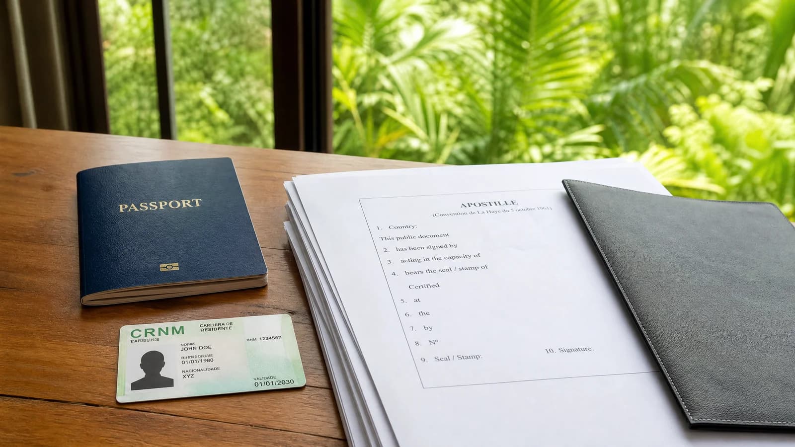 Reisepass mit brasilianischer Ausweiskarte und apostillierten Dokumenten auf einem Tisch