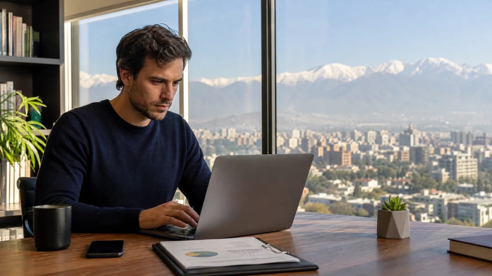 Person arbeitet konzentriert mit Laptop und Dokumenten an einem Schreibtisch mit Blick auf die Anden hinter Santiago.