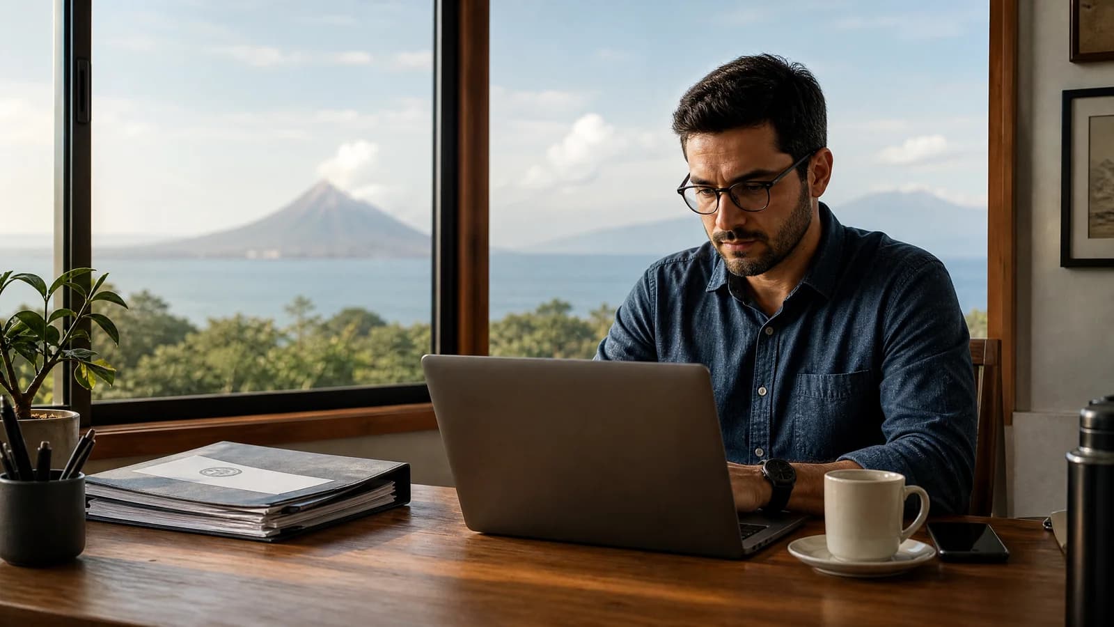 Person arbeitet konzentriert mit Laptop und Dokumenten an einem Schreibtisch mit Blick auf Vulkane und Pazifik.